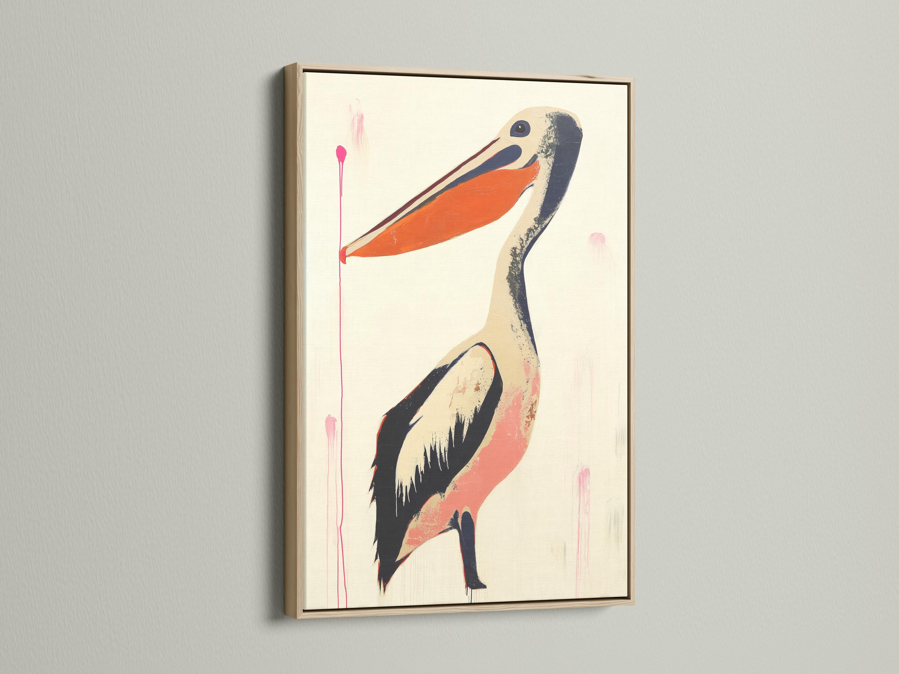 Stylised pelican with warm orange beak on a cream background and pink drips detail view