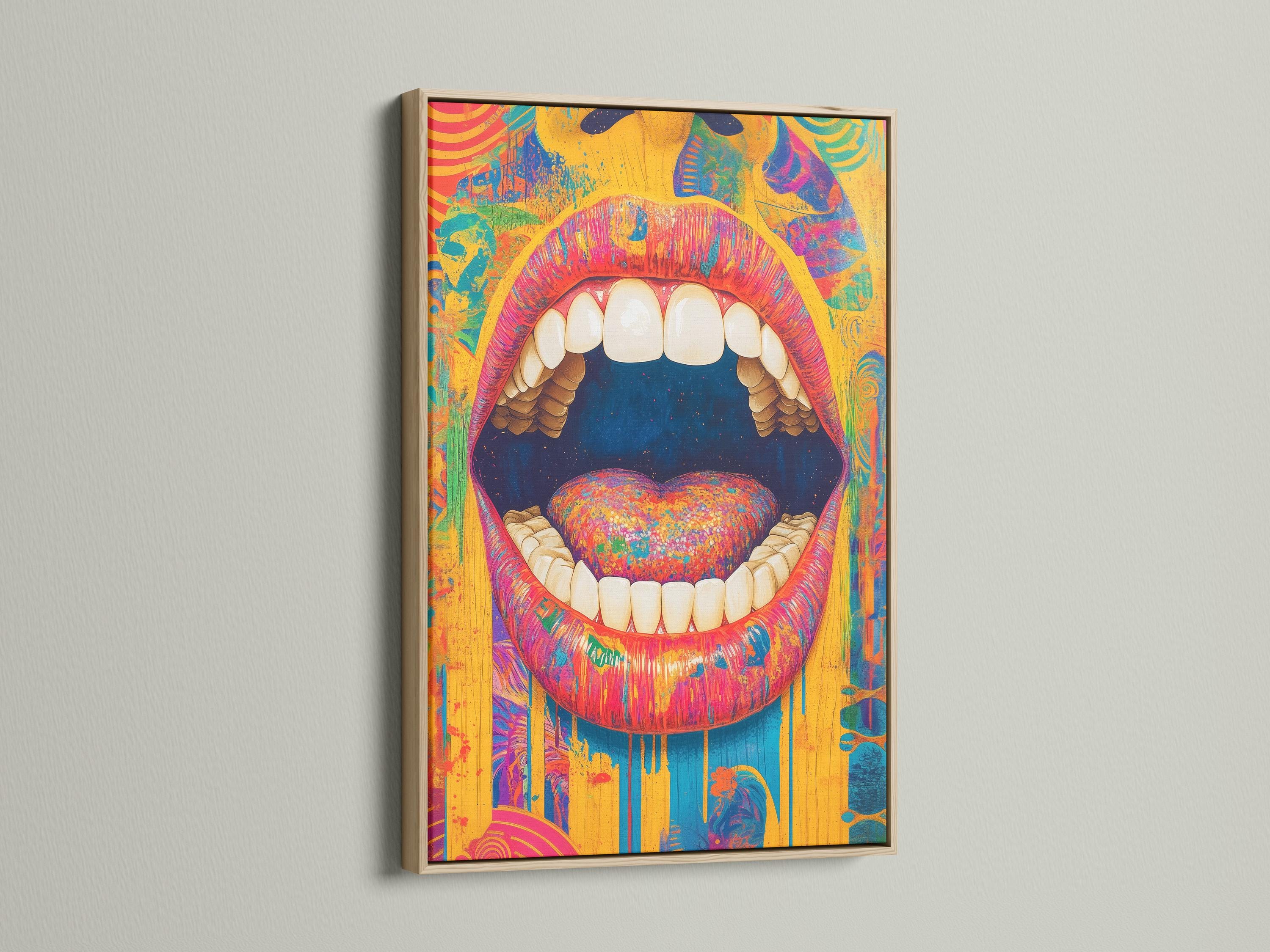 Surreal pop-art mouth with detailed teeth and a bright heart centre in vibrant colour blocks detail view