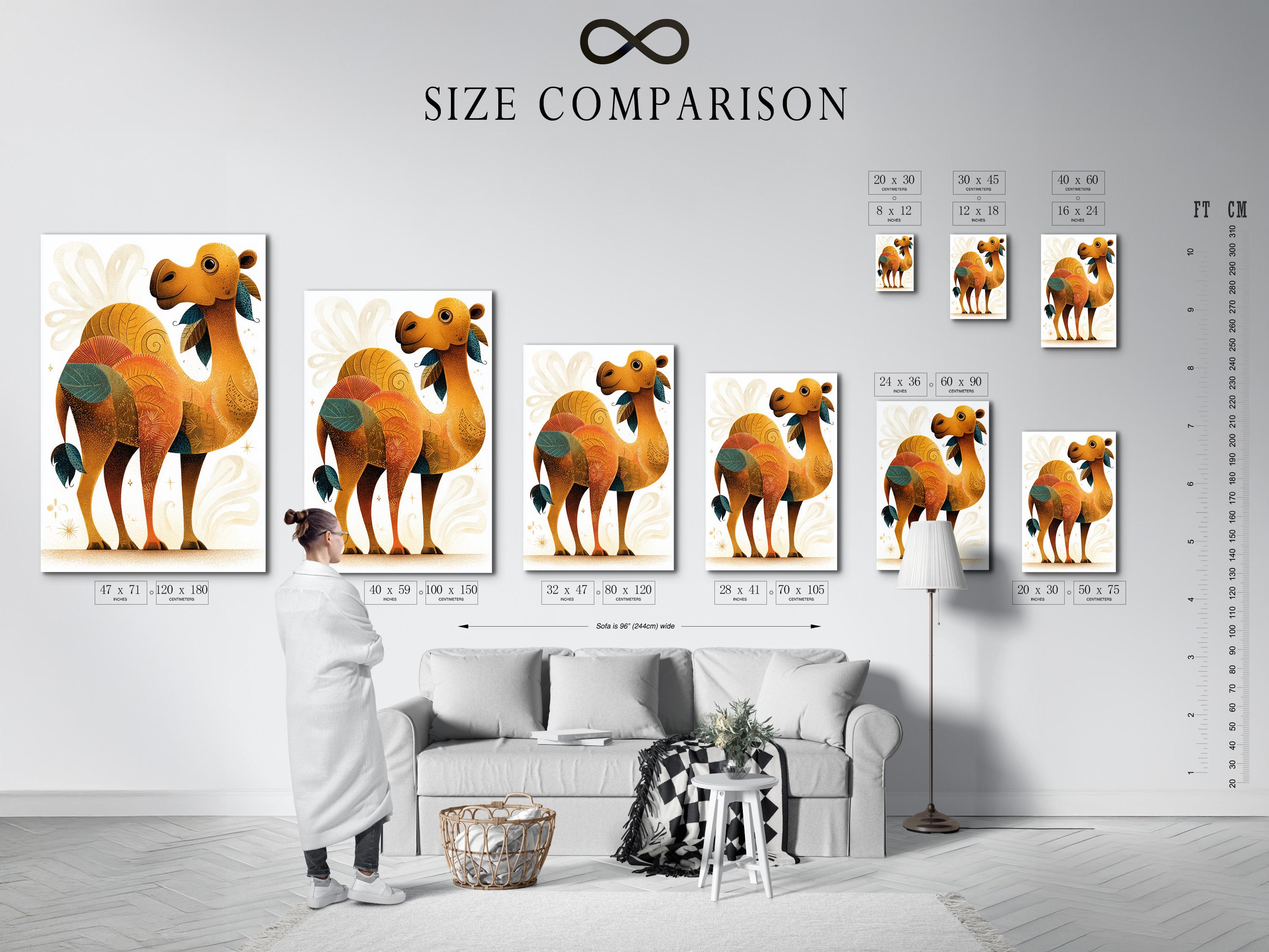 Illustrated camel with warm ochre body, teal leaf details and gold star flecks on an off-white background detail view