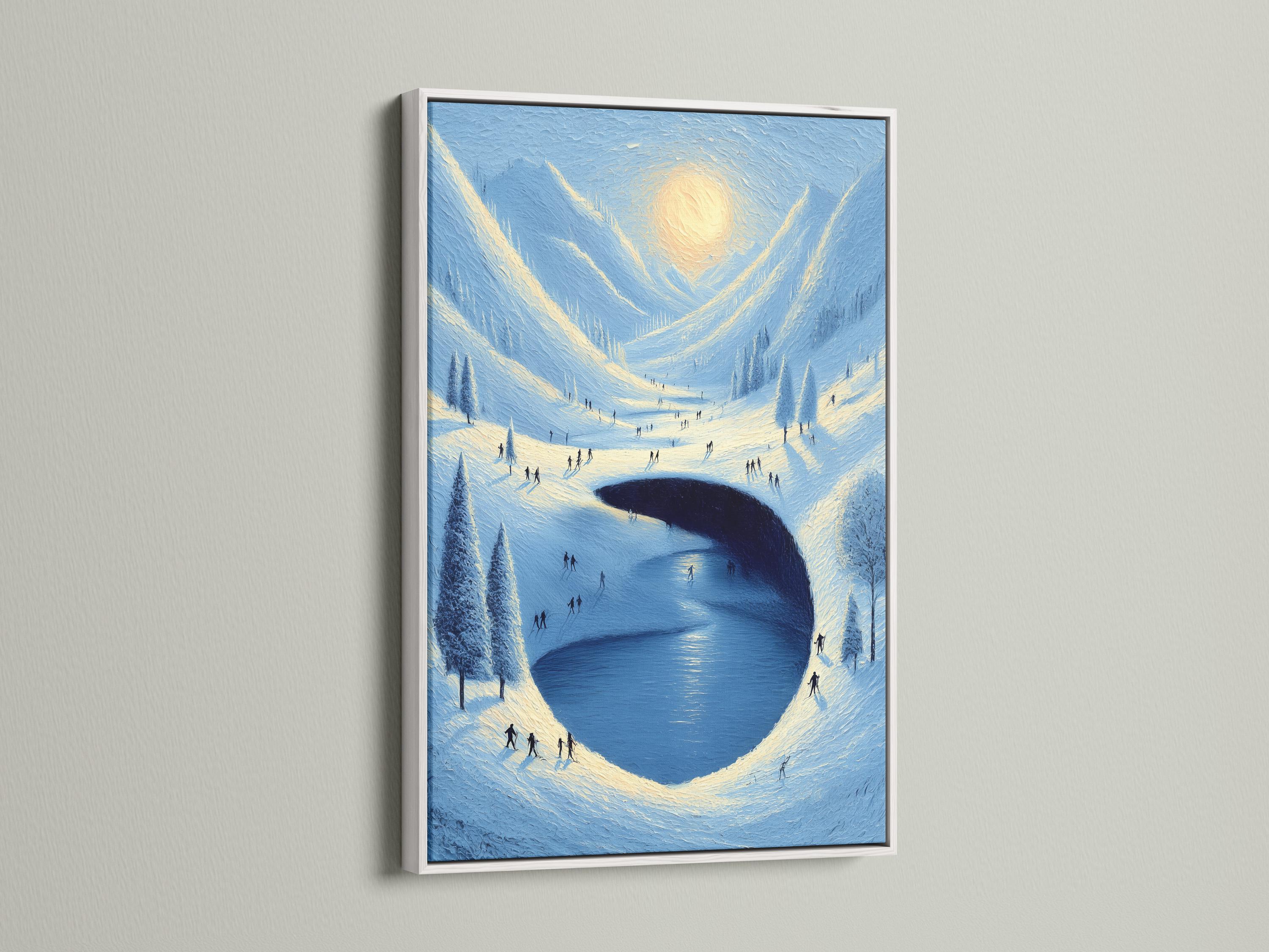 A snowy mountain valley scene surrounds a large dark-blue heart-shaped opening, with small silhouetted people walking across icy slopes under a pale