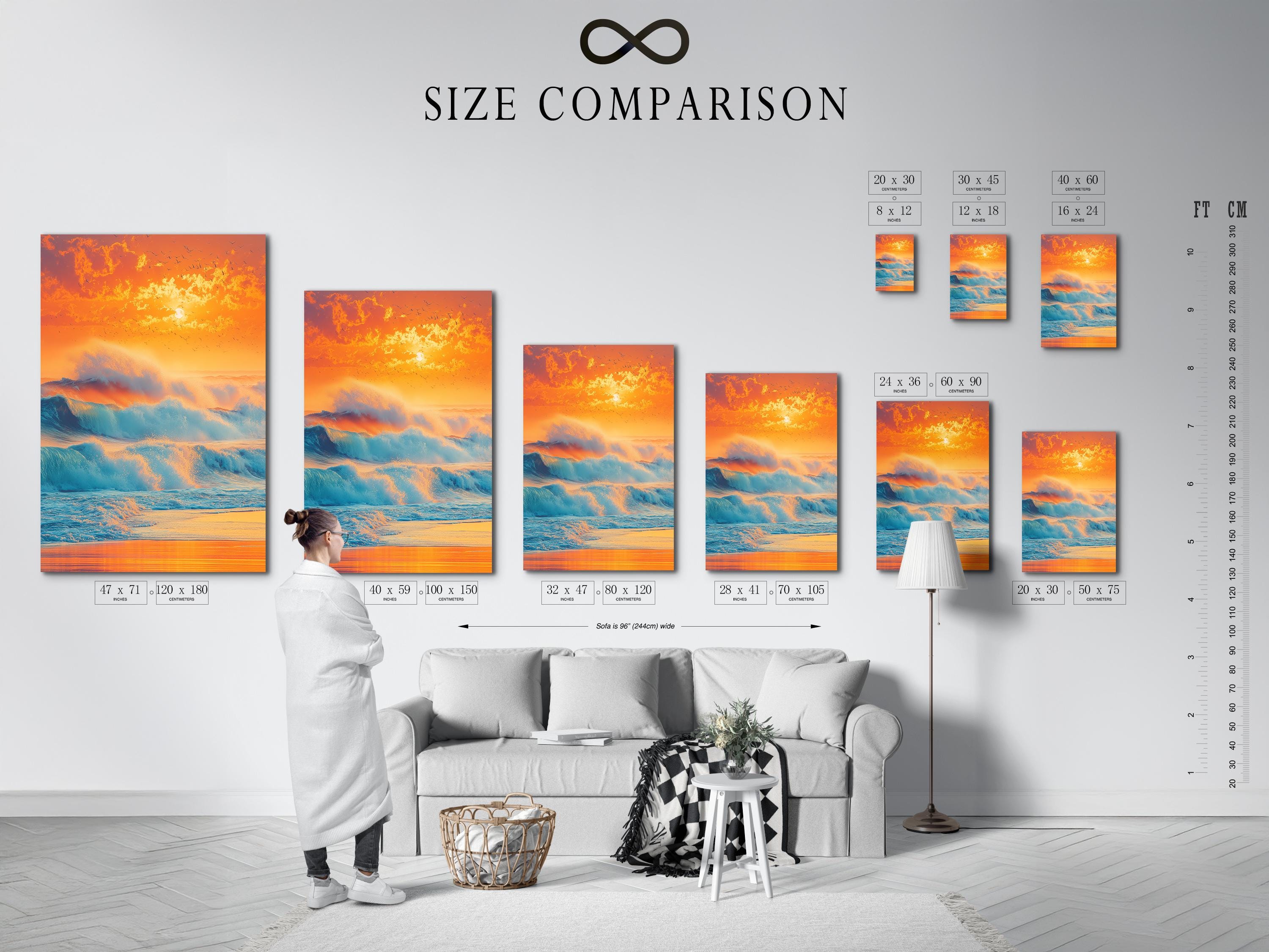 Sunset seascape with teal ocean waves, orange and gold sky, sun glow, and bird silhouettes detail view