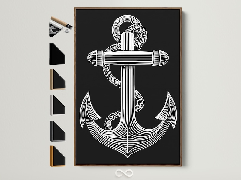 Black and white anchor line art with a profile figure and circular ring halo