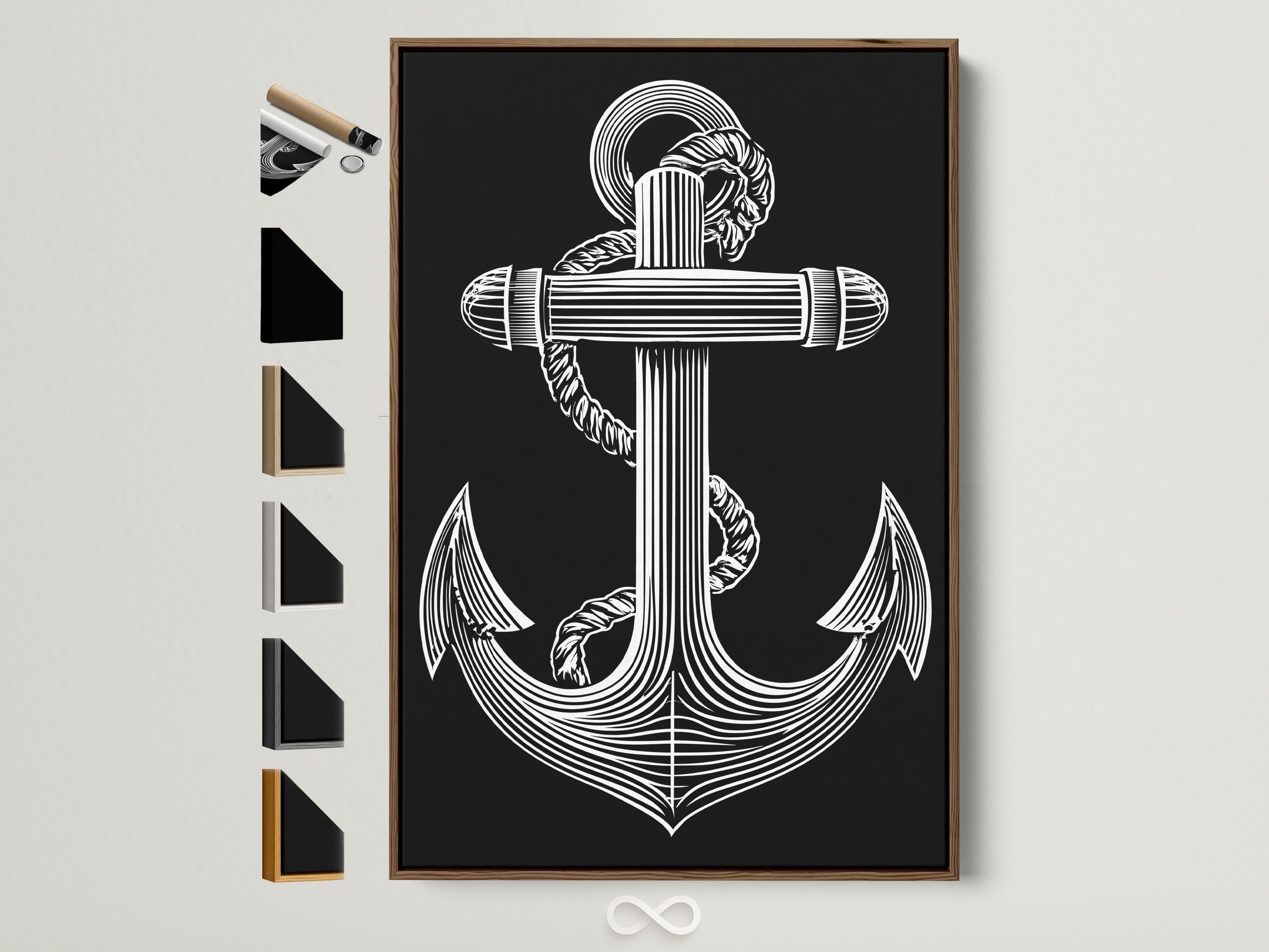 Black and white anchor line art with a profile figure and circular ring halo