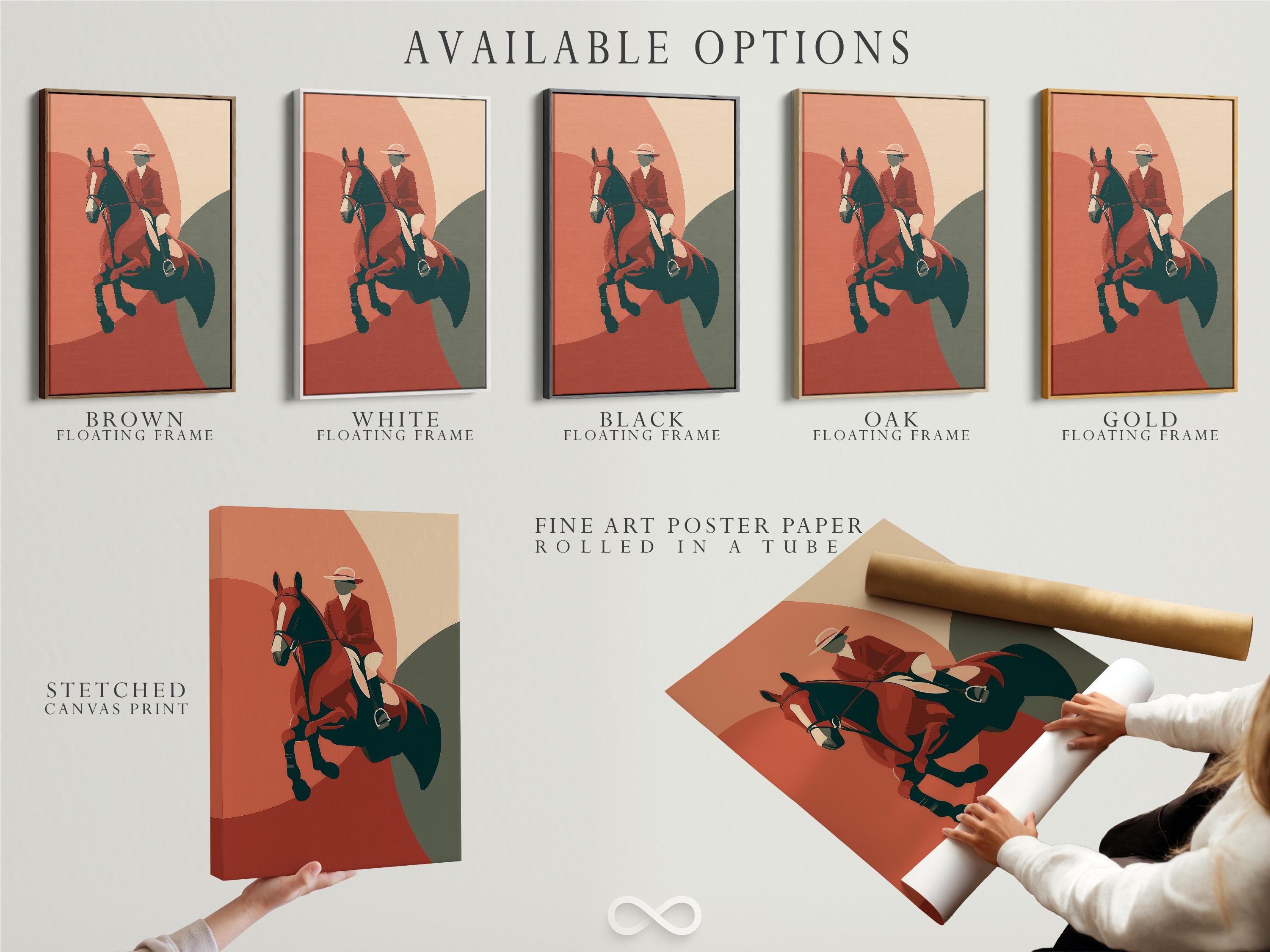 A stylised equestrian rider sits on a dark horse, set against a warm rust-red and beige abstract background with bold green and grey shapes detail