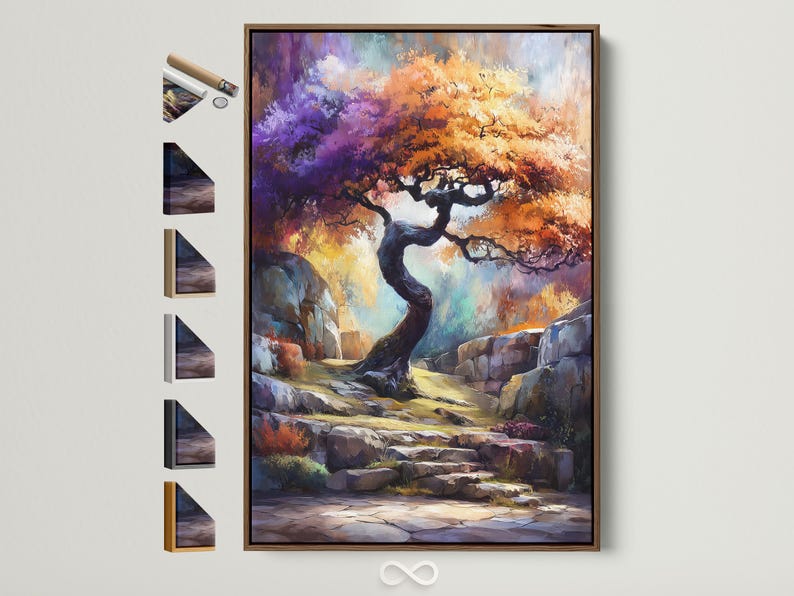Fantasy tree landscape artwork with a twisted tree, rocky steps and vivid purple, orange and blue colours