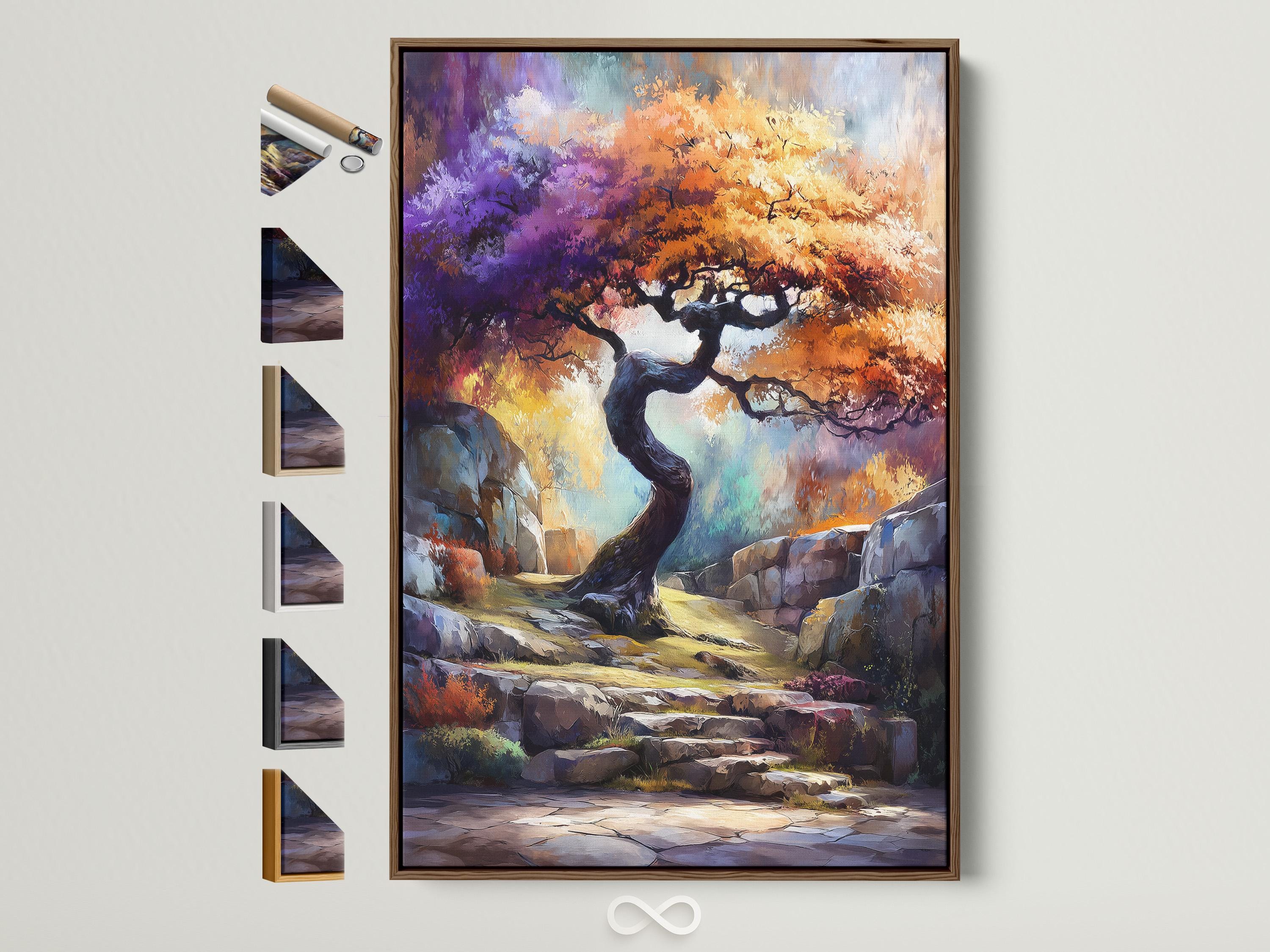 Fantasy tree landscape artwork with a twisted tree, rocky steps and vivid purple, orange and blue colours