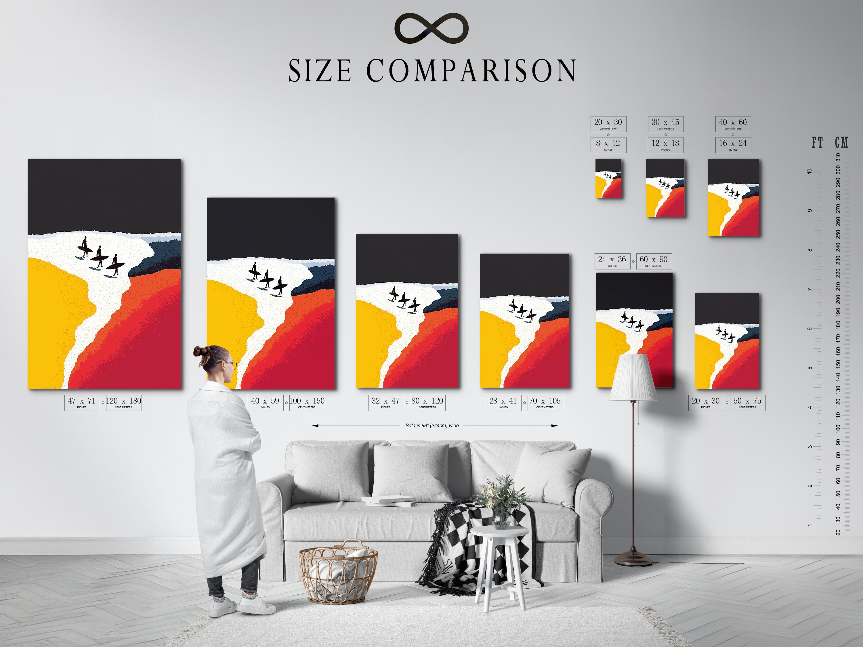 Stylised beach scene with red and yellow colour blocks, white sand and three black surfers on surfboards detail view