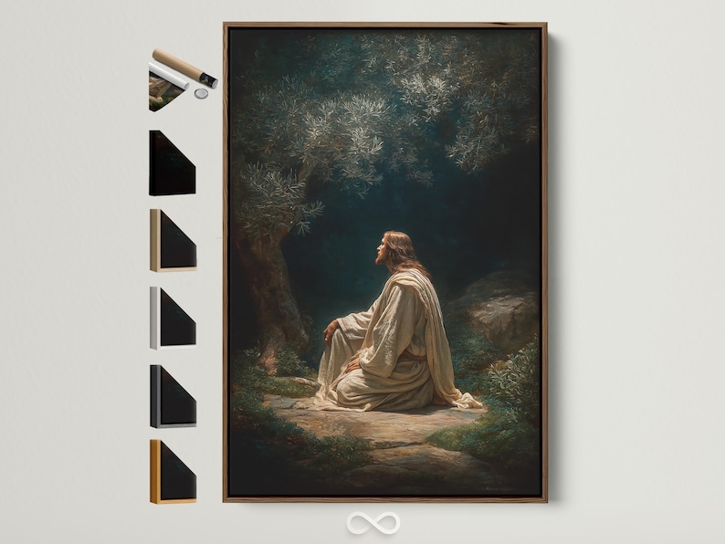 Seated praying figure in light robes in a dark green forest with glowing leaves