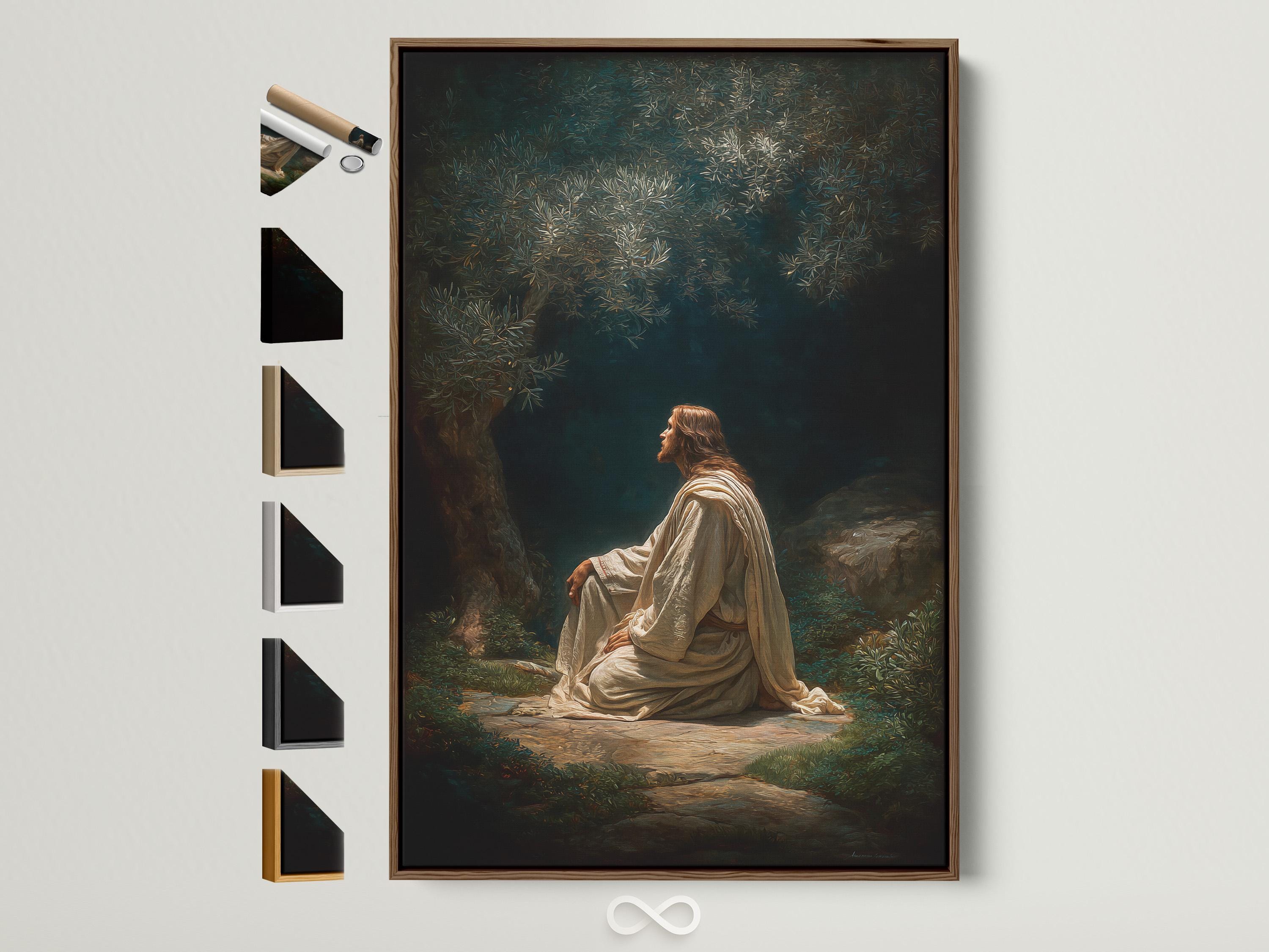 Seated praying figure in light robes in a dark green forest with glowing leaves