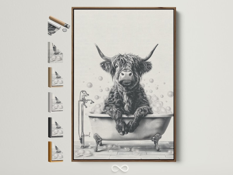 Black and white cow sitting in a bathtub with bubbles and a faucet