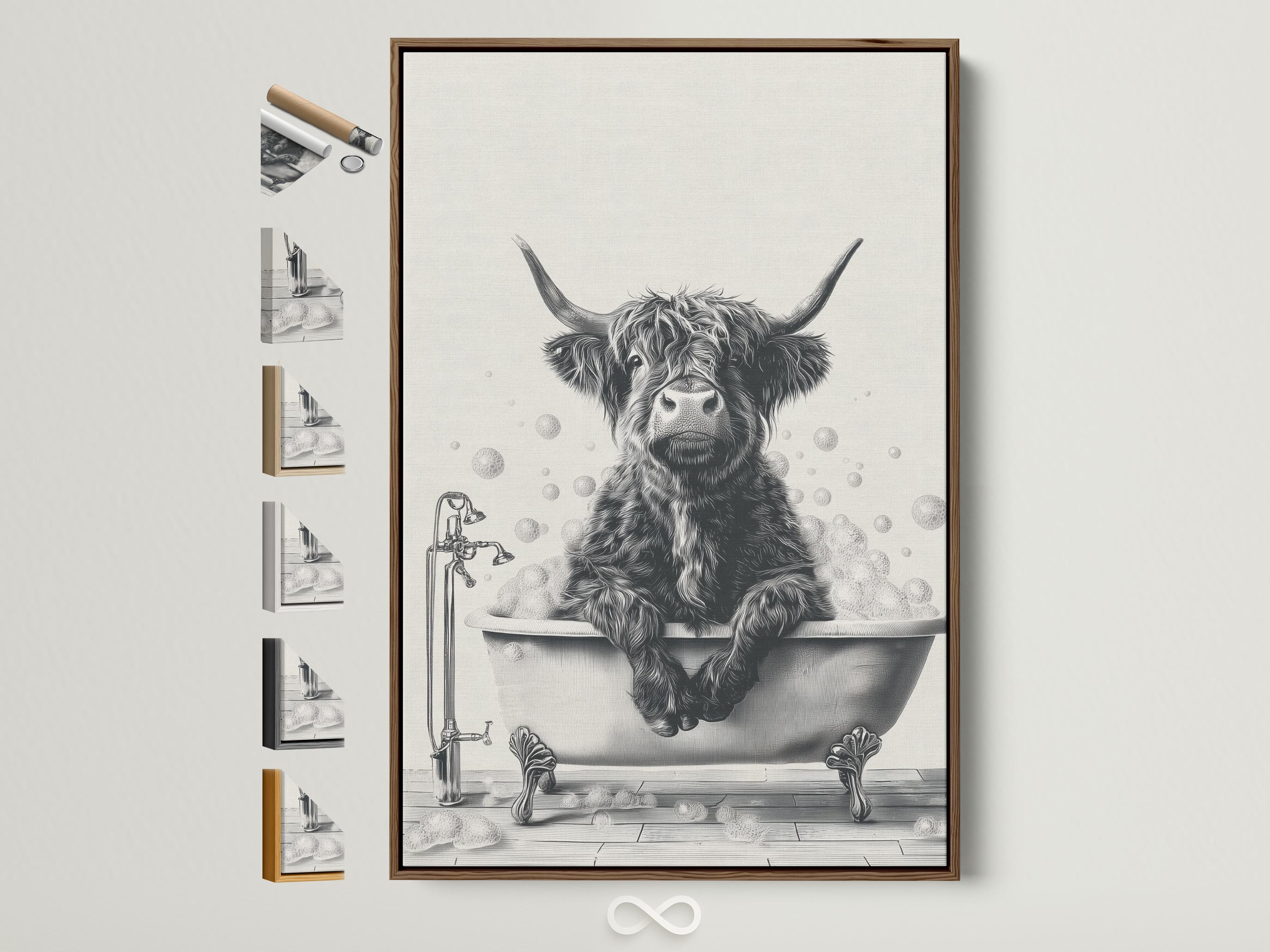Black and white cow sitting in a bathtub with bubbles and a faucet