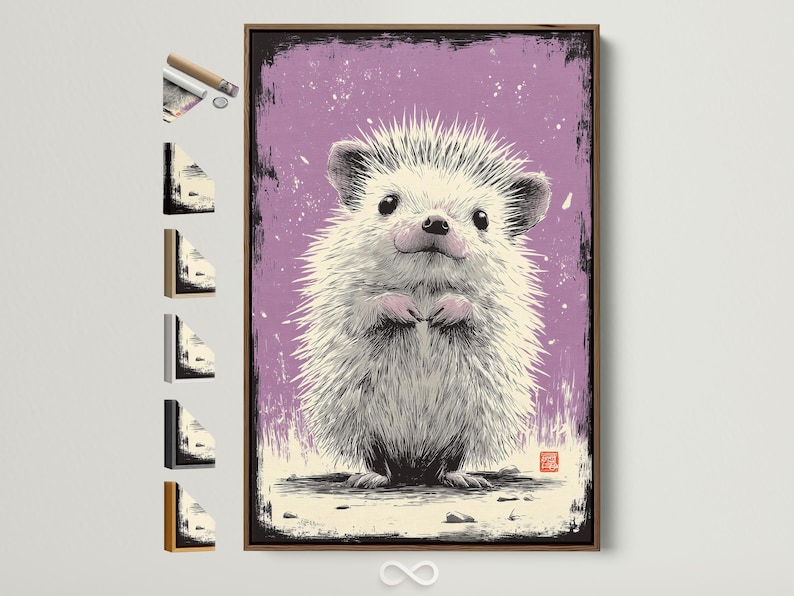Purple background hedgehog illustration with light grey spines and speckled white details