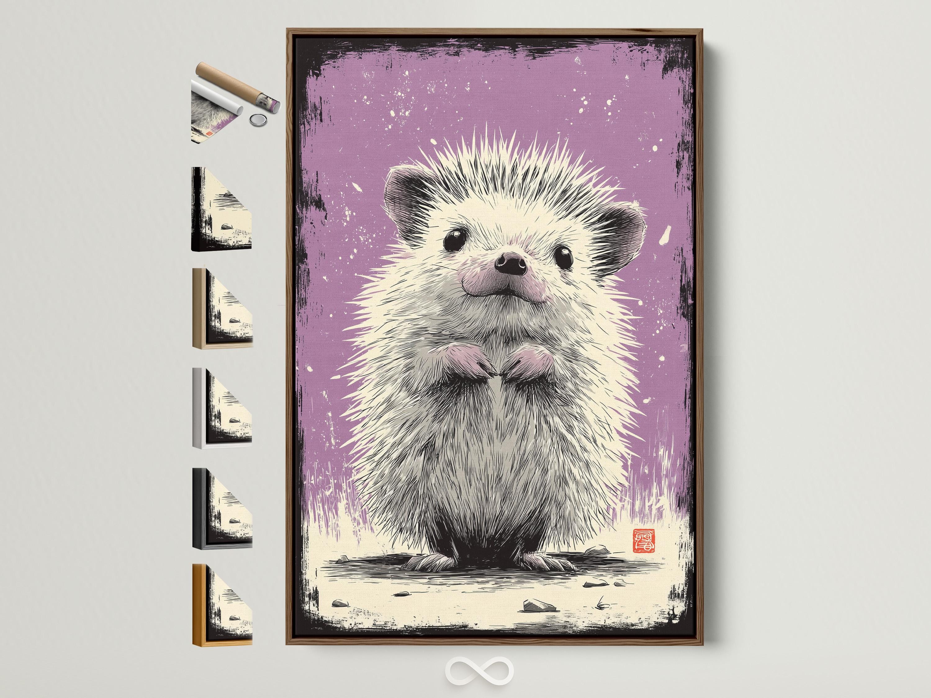 Purple background hedgehog illustration with light grey spines and speckled white details