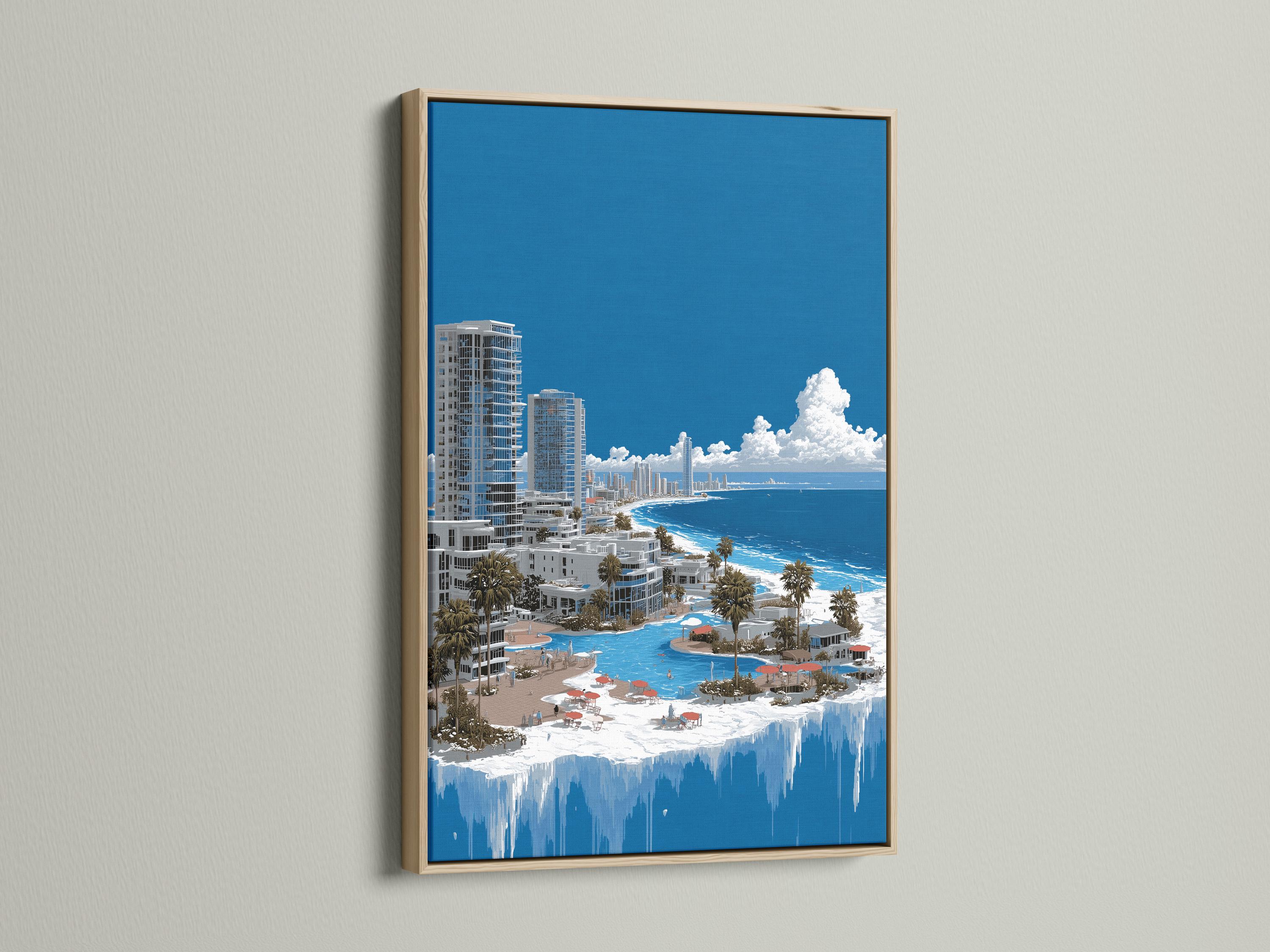 Room mockup showing a framed panoramic coastal cityscape artwork with turquoise ocean and blue sky