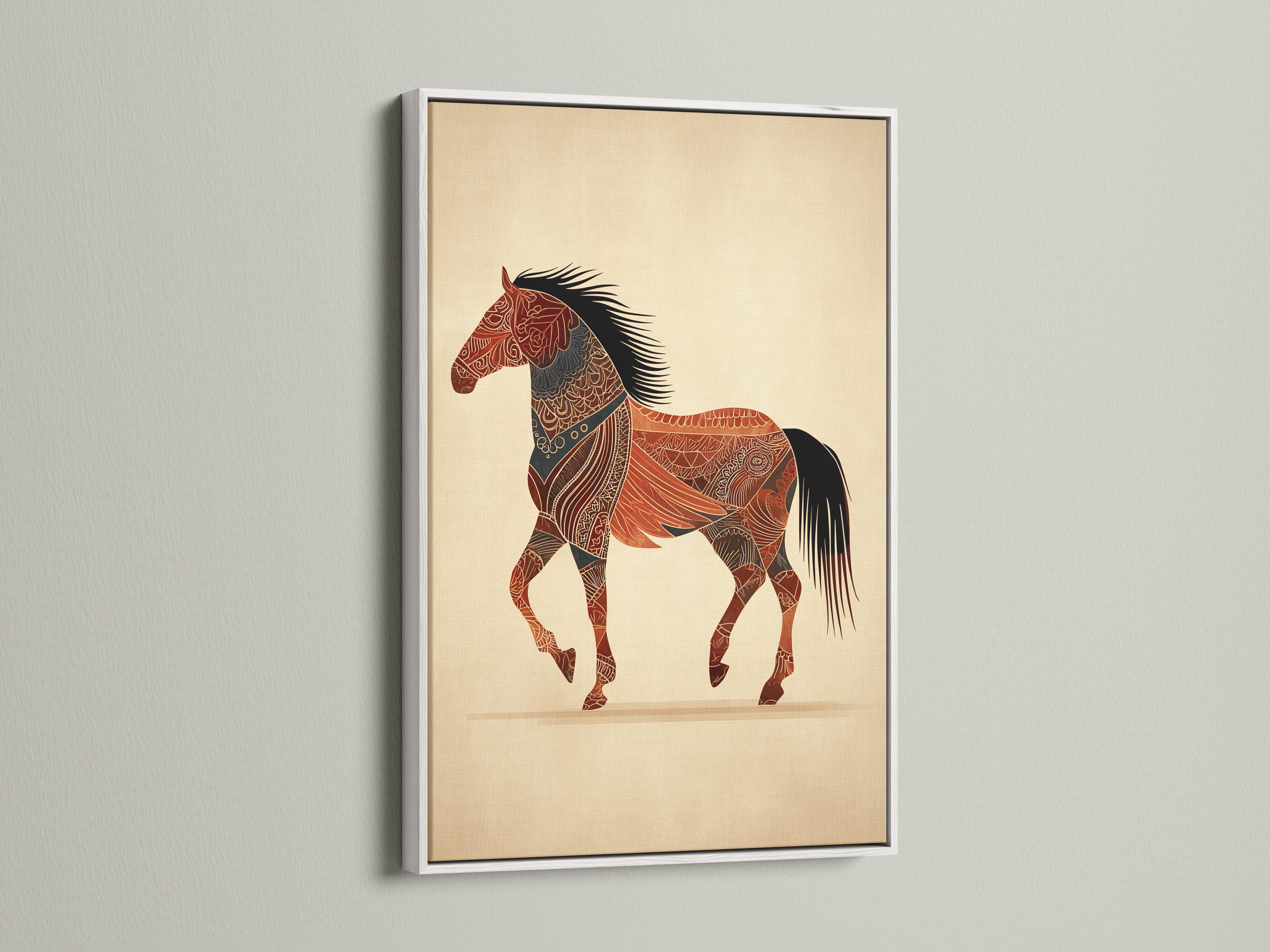 Stylised horse with ornate red-brown patterns, bold black mane and tail on a beige background detail view