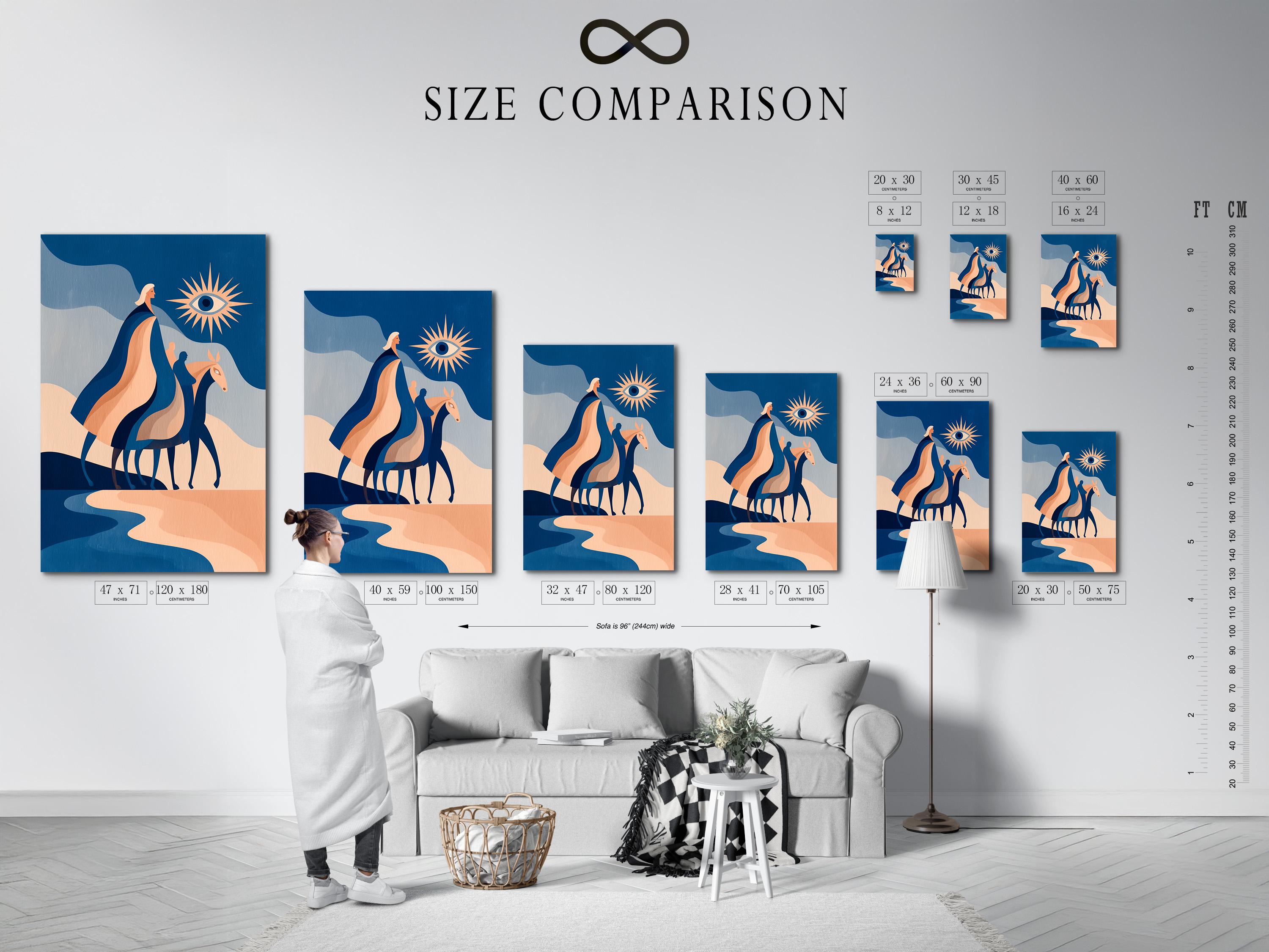 Stylised horse artwork in blue and peach with a sunburst eye motif detail view