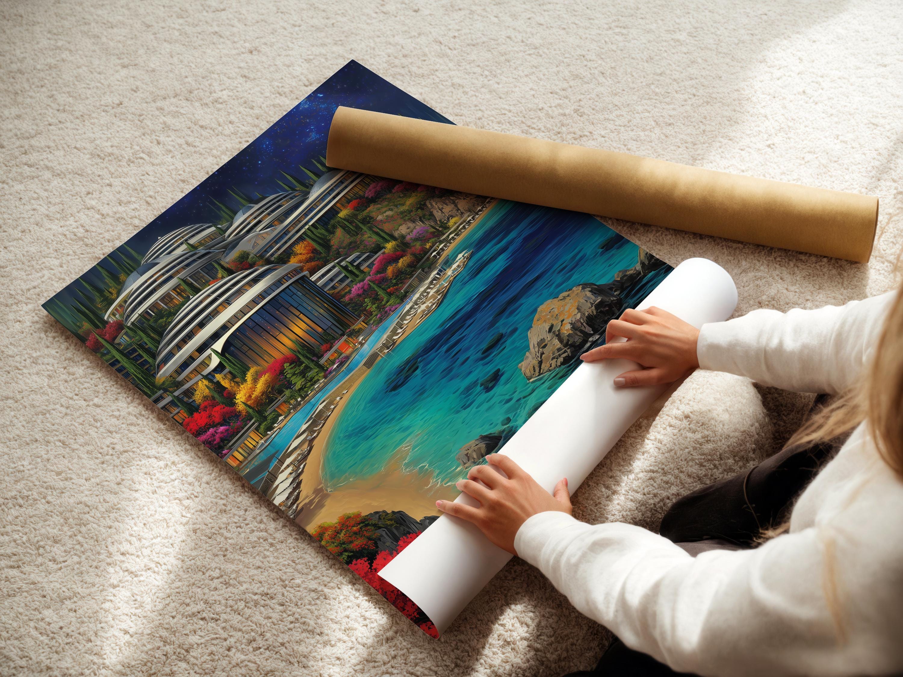 Turquoise ocean coastal cityscape with glowing futuristic towers, colourful gardens and starry night sky detail view