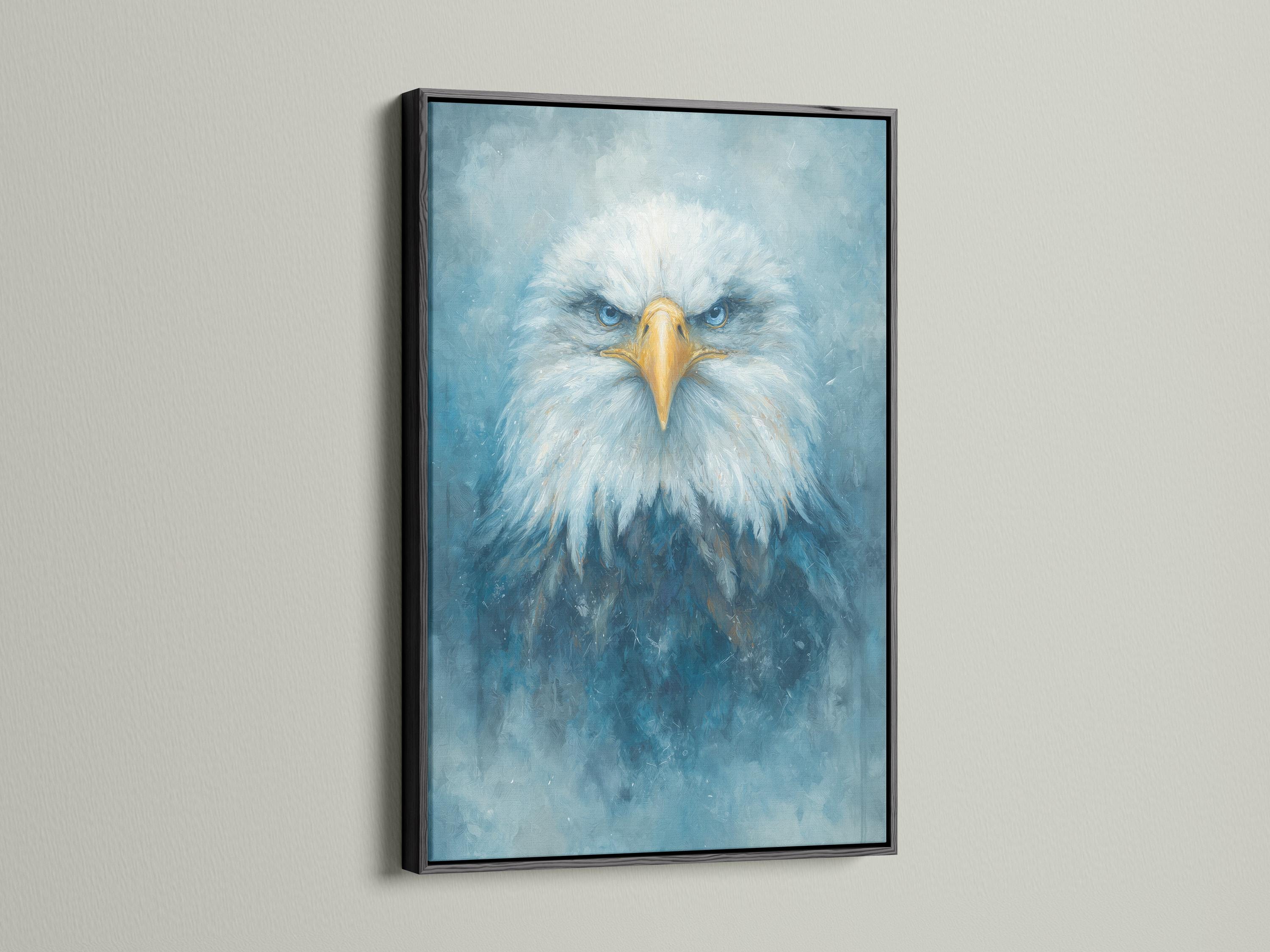 Blue and gold eagle portrait with radiating feathers on a textured teal background detail view
