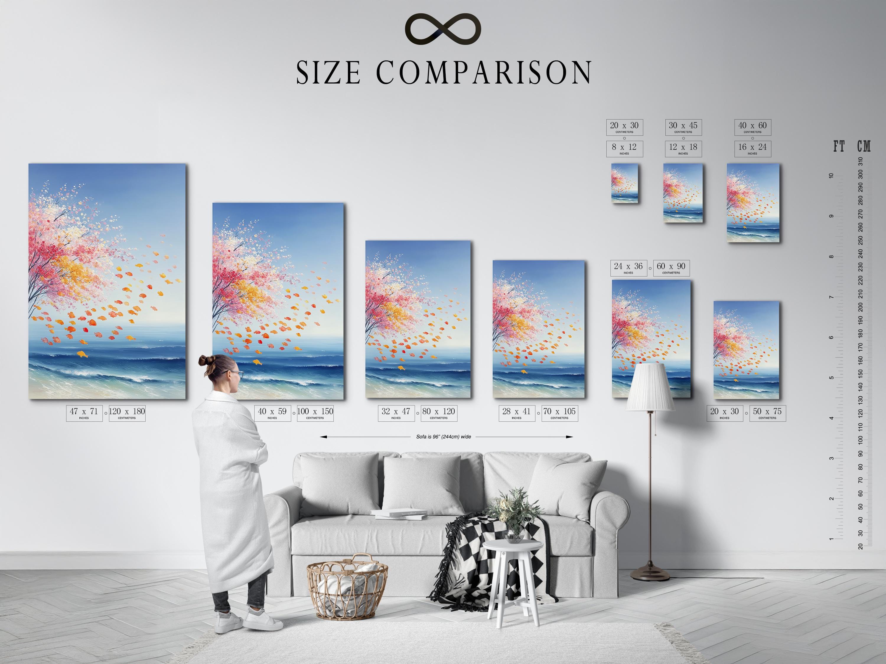 Room mockup showing a framed coastal seascape artwork with pink blossom petals and blue ocean