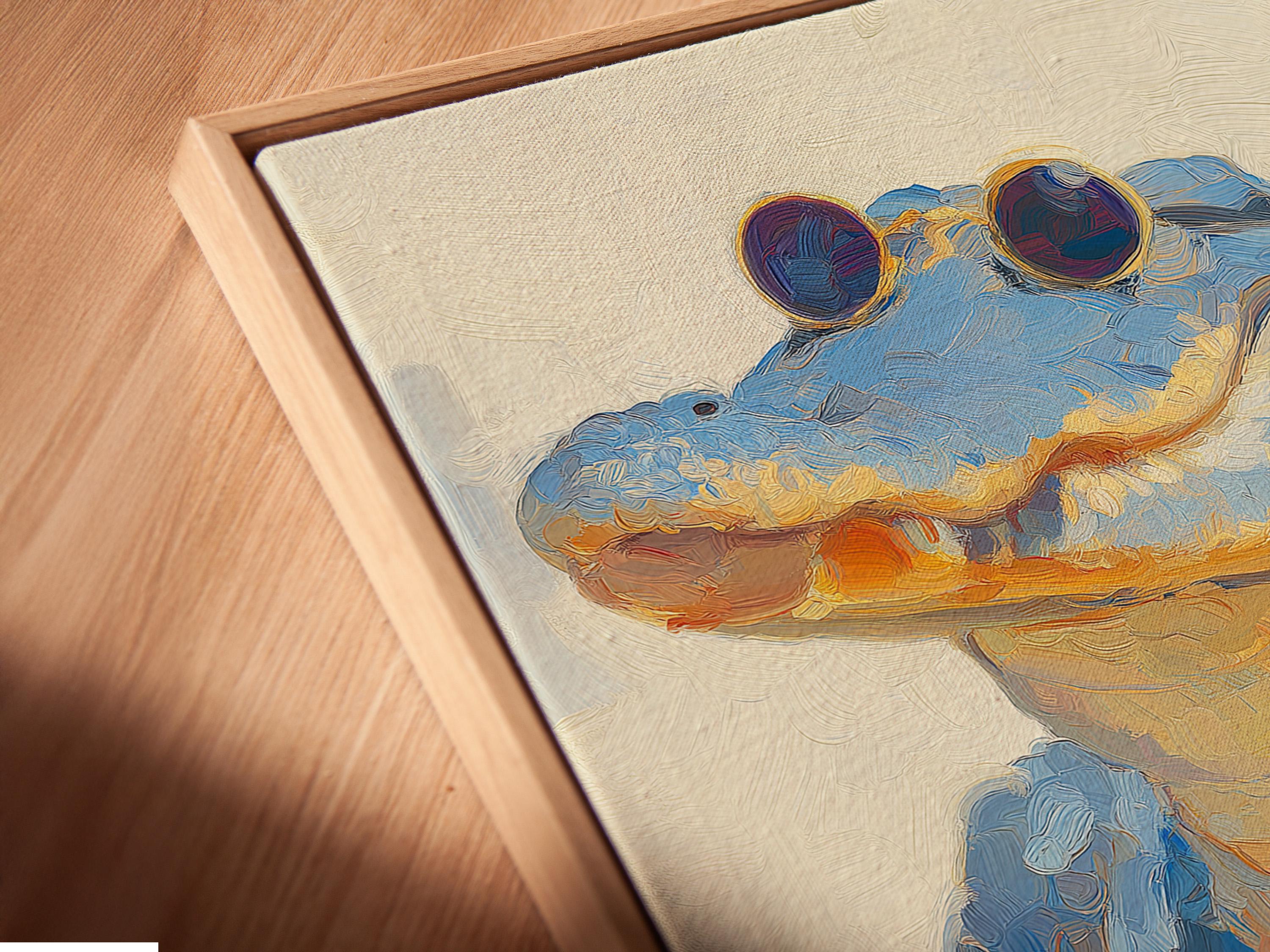 Blue alligator illustration wearing round sunglasses on a cream textured background detail view