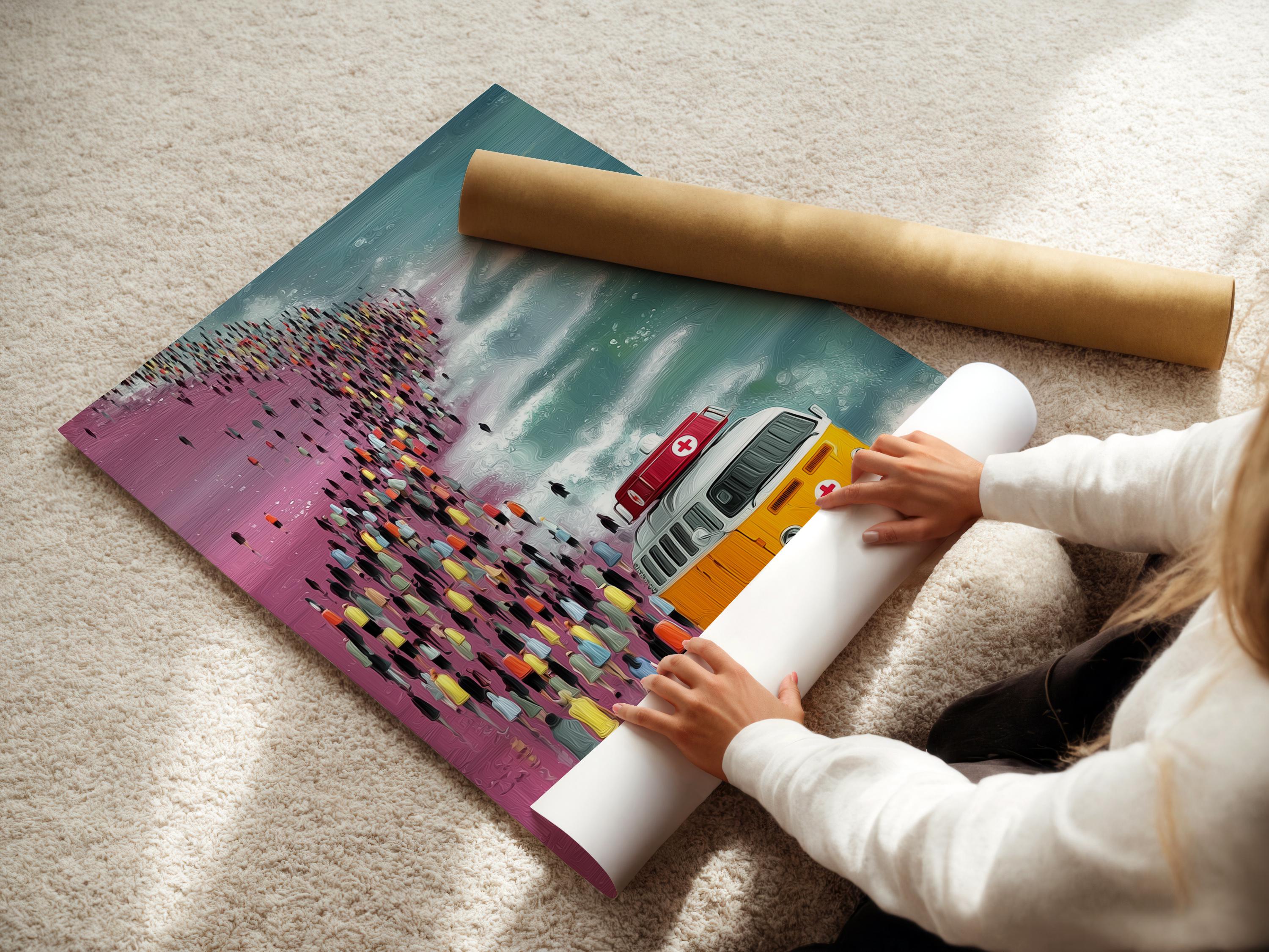 Retro beach rain scene with a yellow bus, a red emergency van and teal sea waves detail view