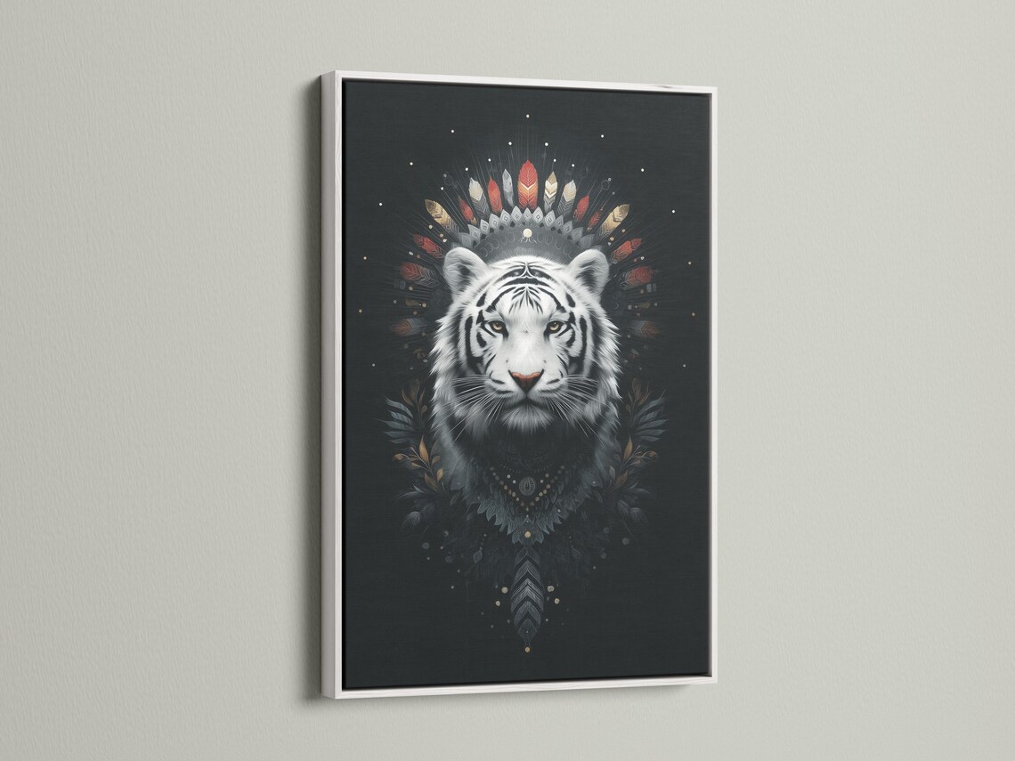 White tiger portrait with feather headdress and gold flecks on a dark background detail view