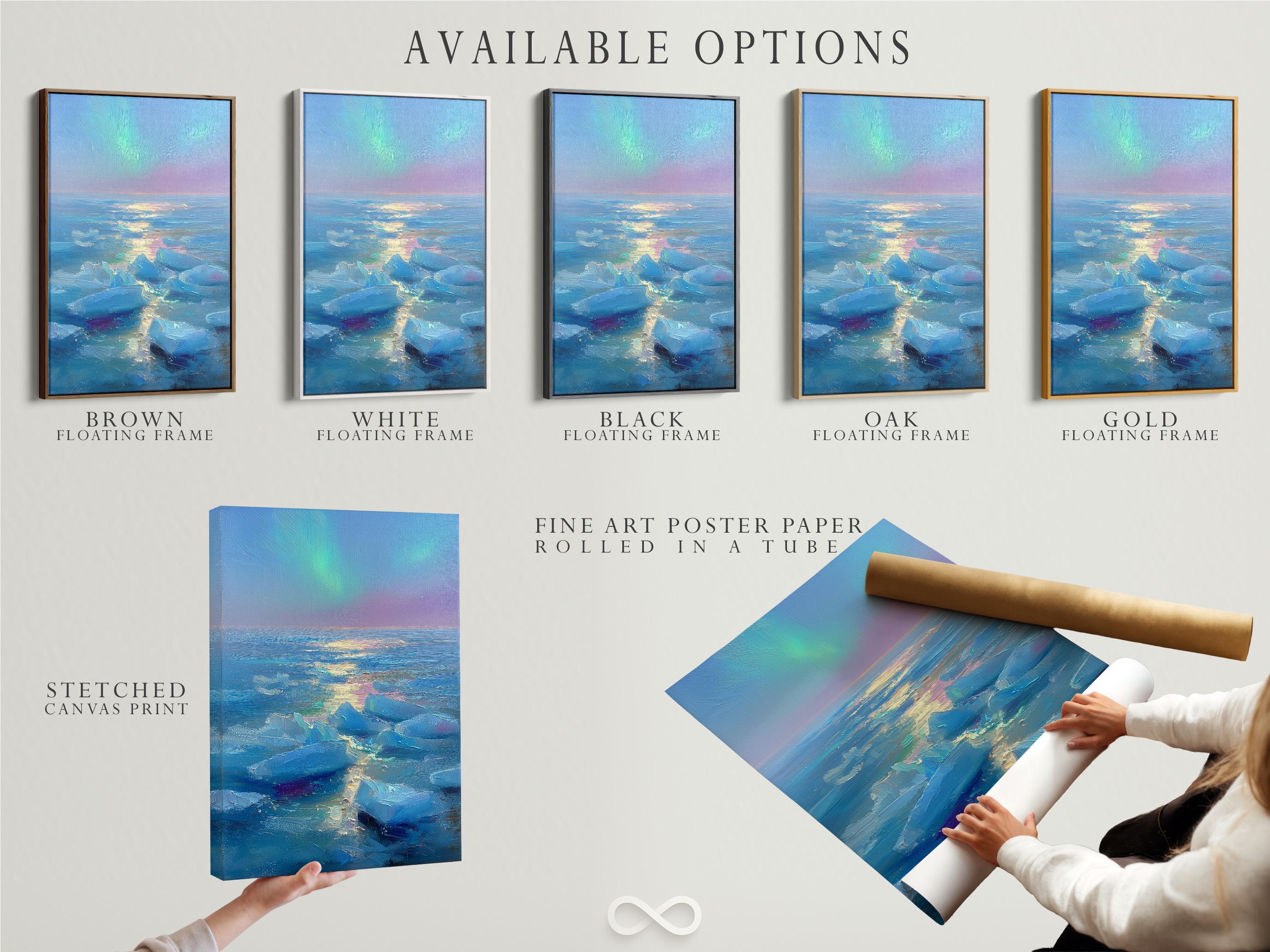Framed seascape artwork shown in a mockup with several frame options on the left