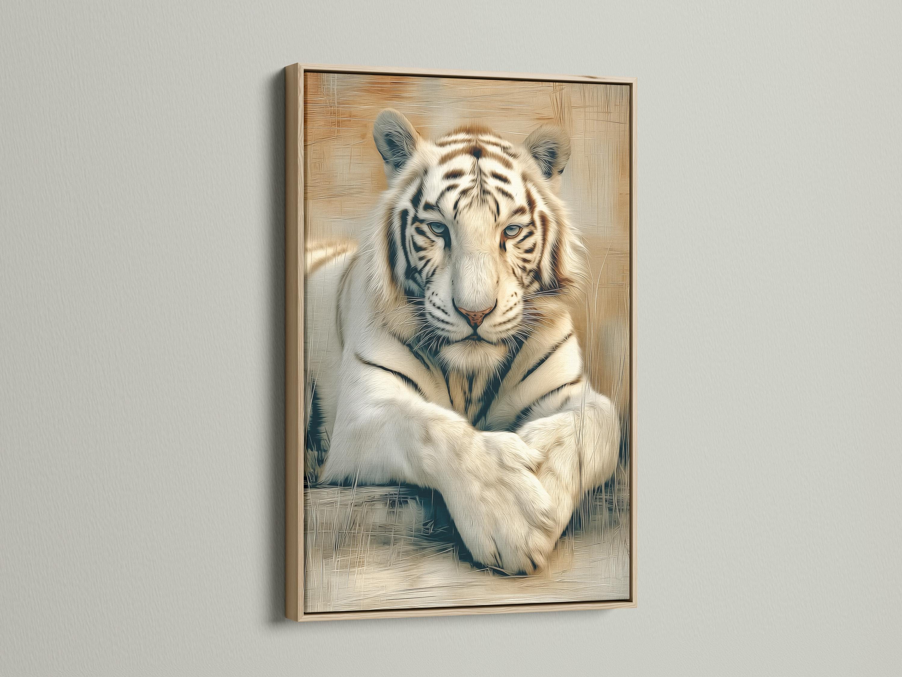 Office mockup with a tiger portrait artwork on the wall