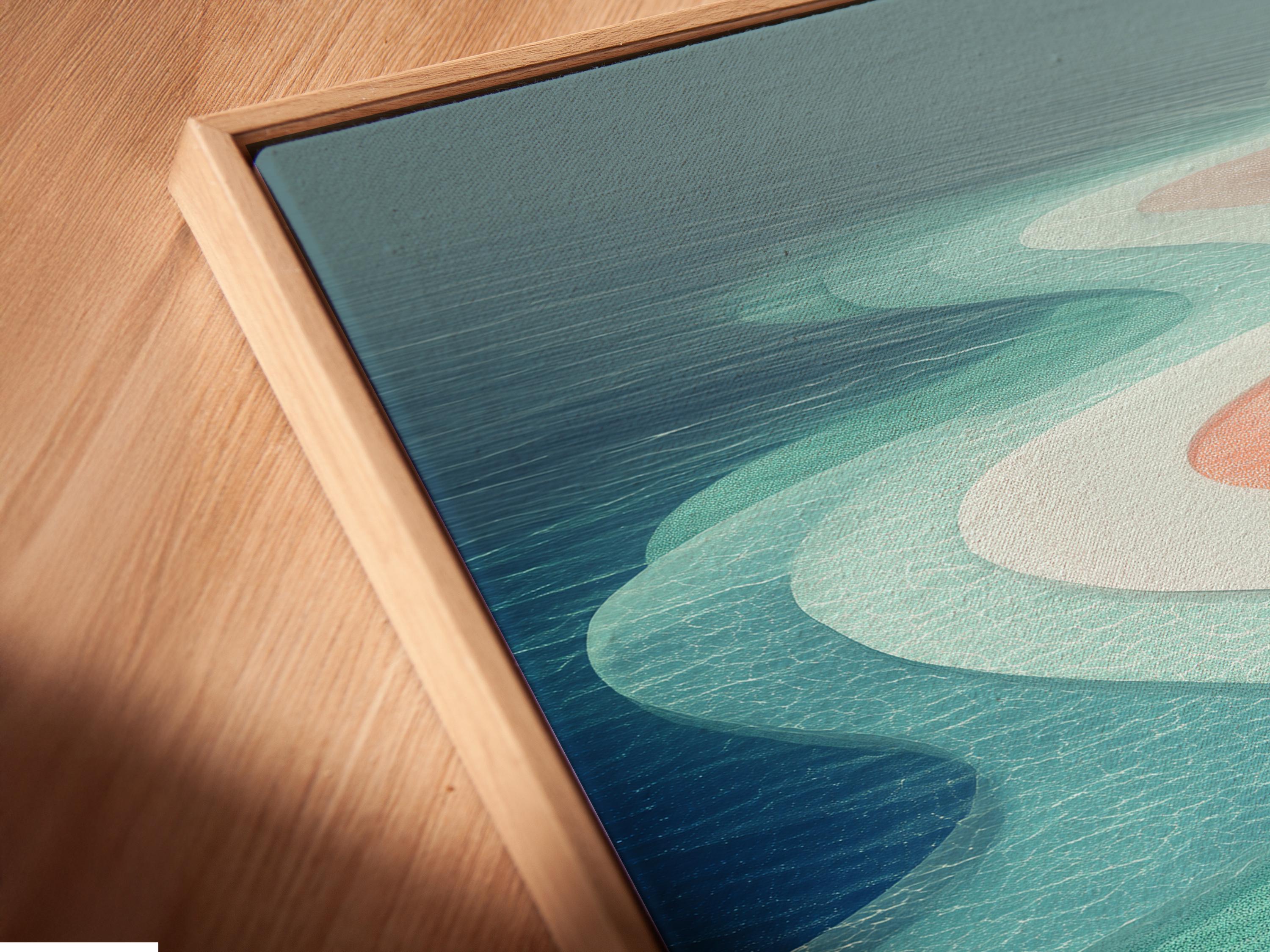 Teal and coral abstract coastal scene with ocean waves, pier, and two people walking detail view