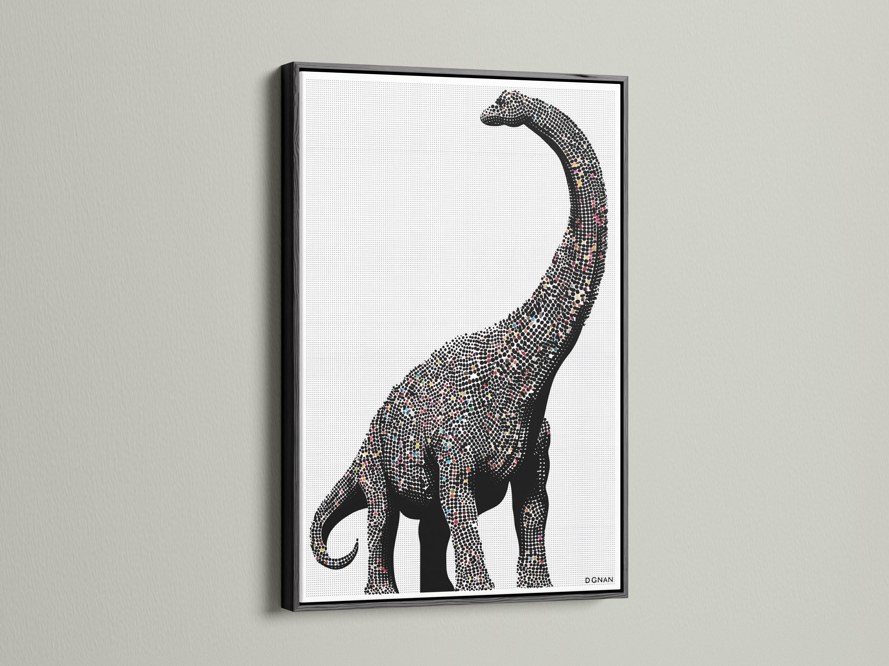 Minimalist dinosaur silhouette made from a dense dot pattern in black and off-white detail view
