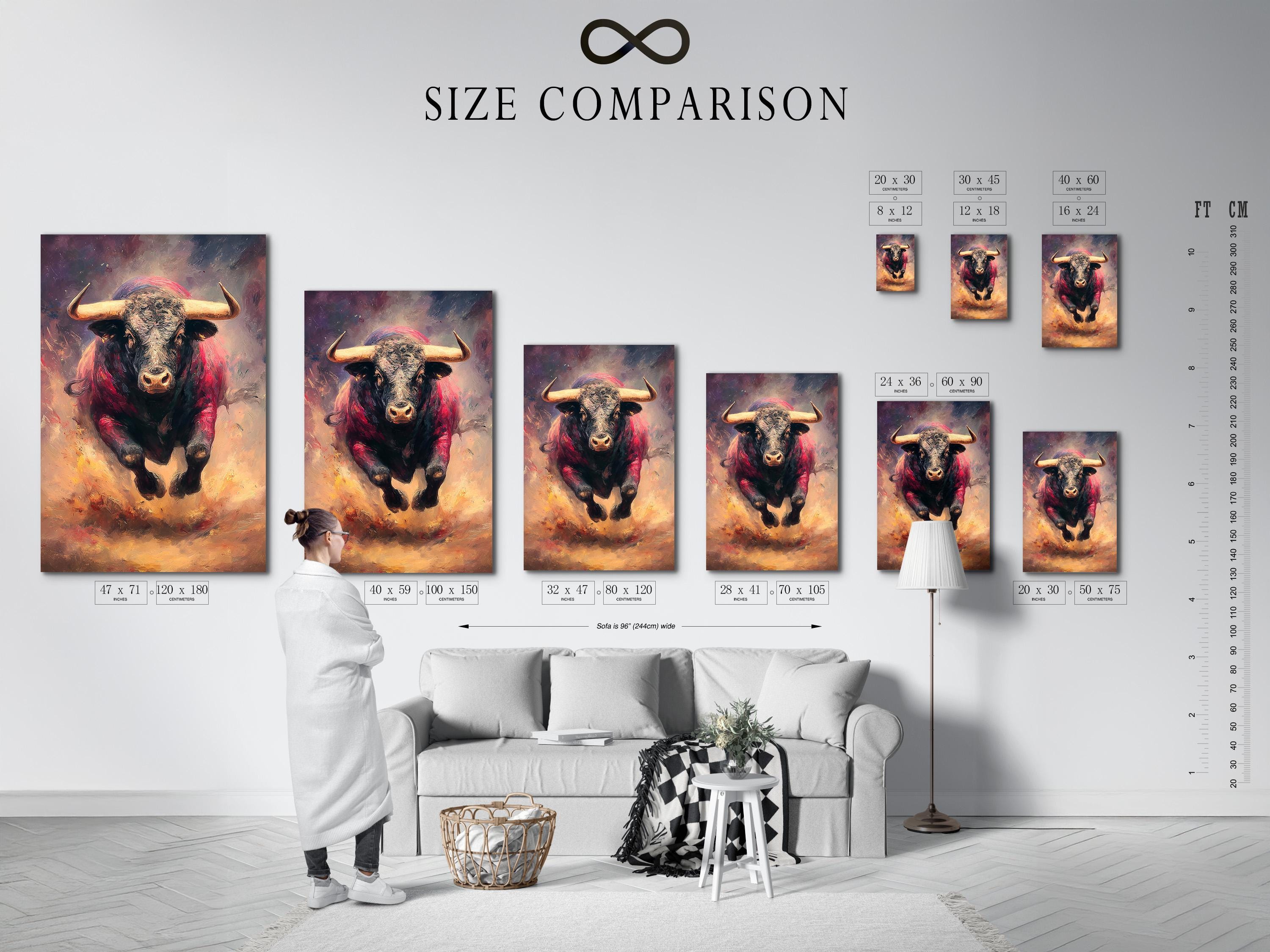 Charging bull portrait wall artwork in red and beige with curved horns detail view