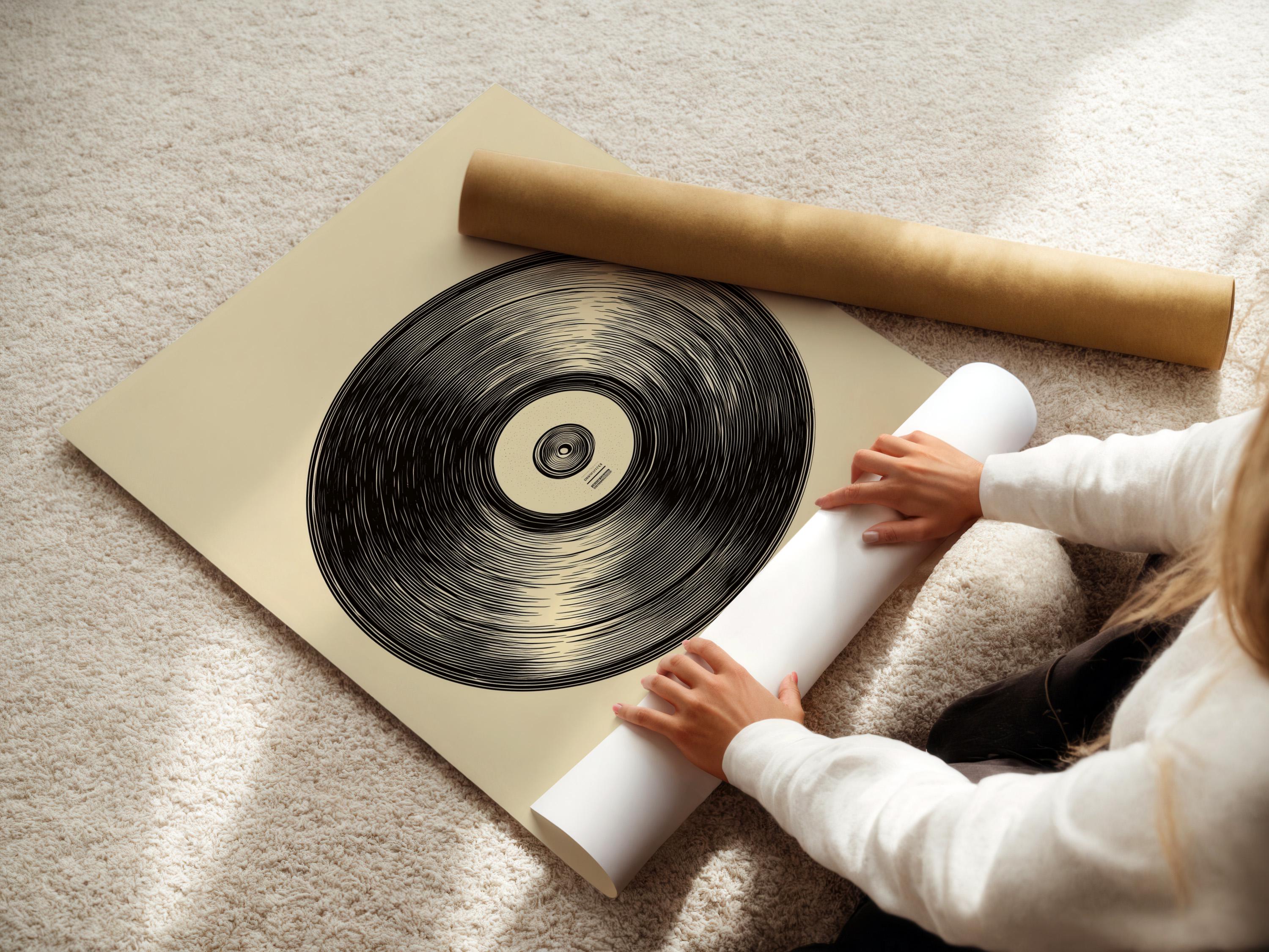Vinyl record illustration with black concentric grooves on a beige background detail view