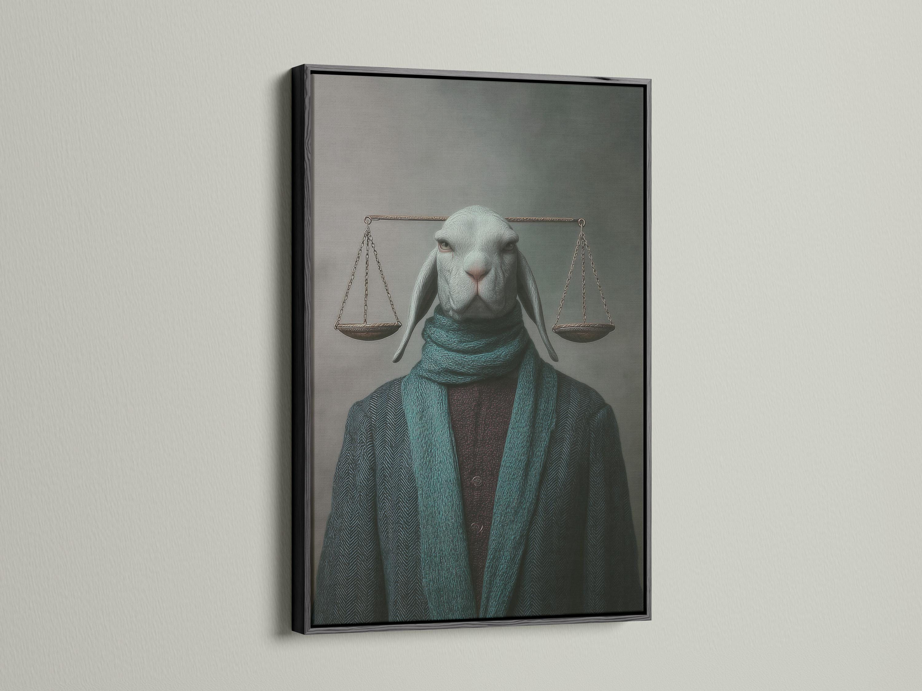 Room mockup showing a framed hare portrait artwork with hanging scales