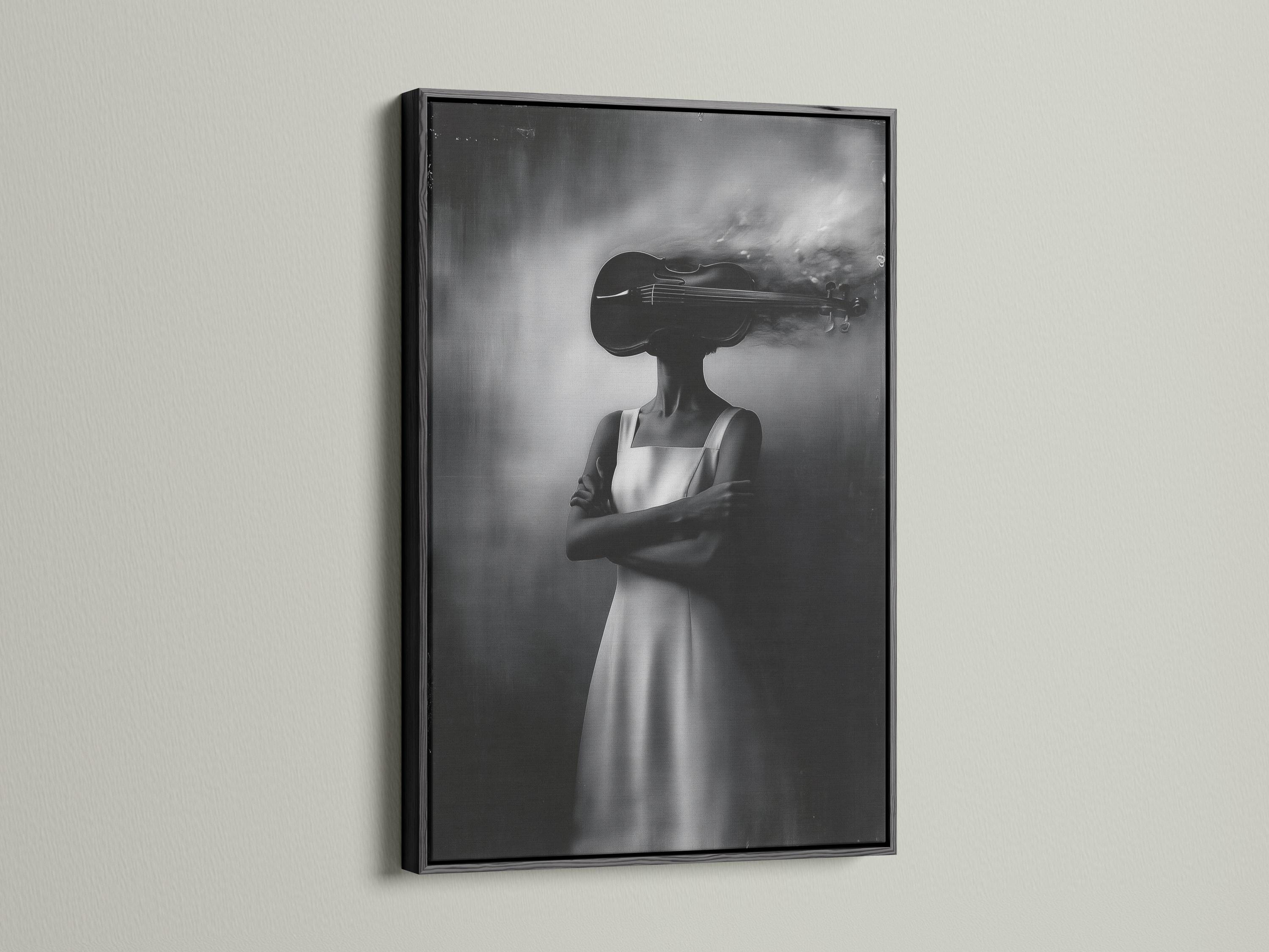 Monochrome double-exposure portrait of a woman holding a violin detail view