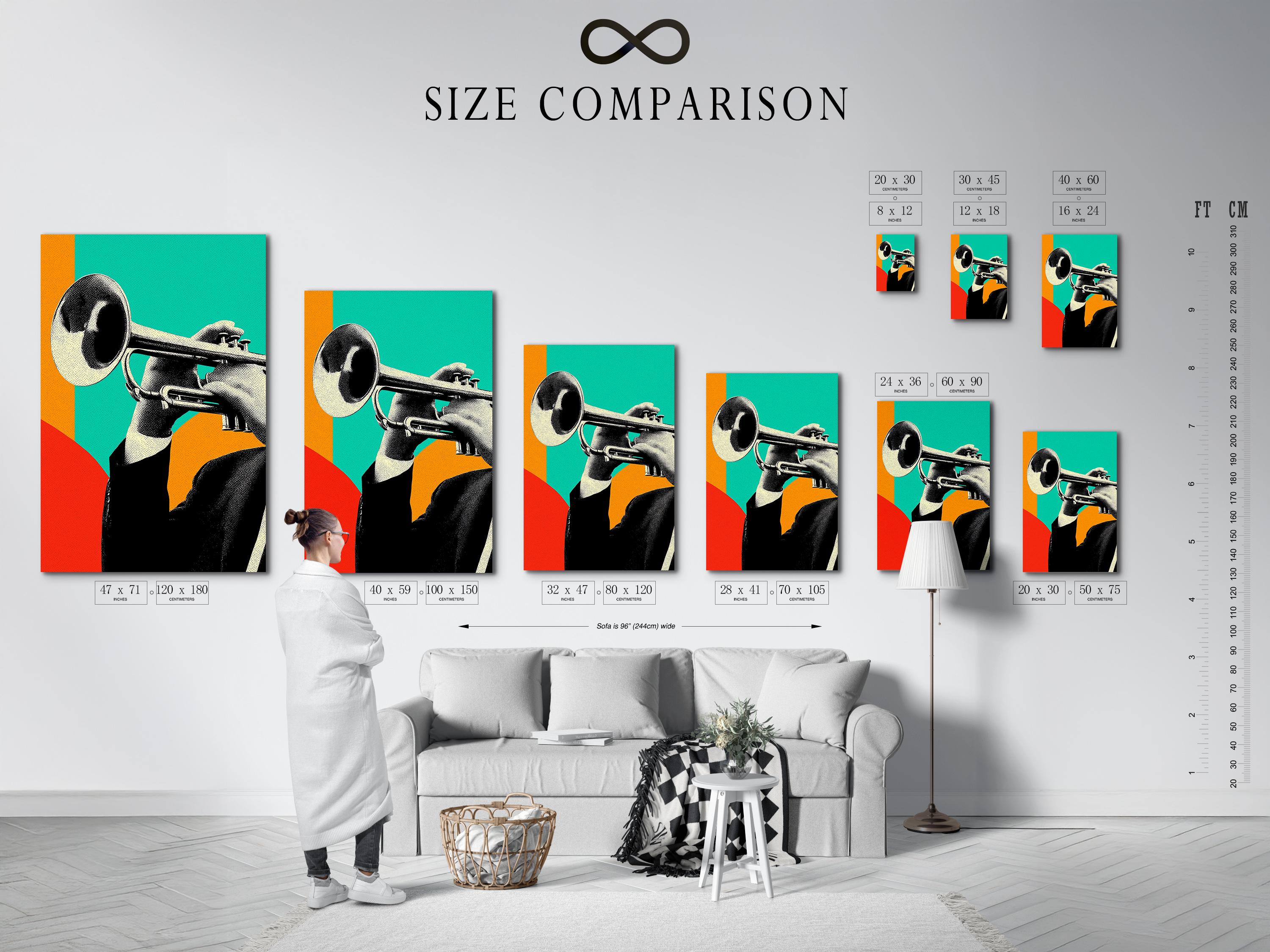 Stylised trumpet player illustration in teal, orange, red and black with cream highlights detail view