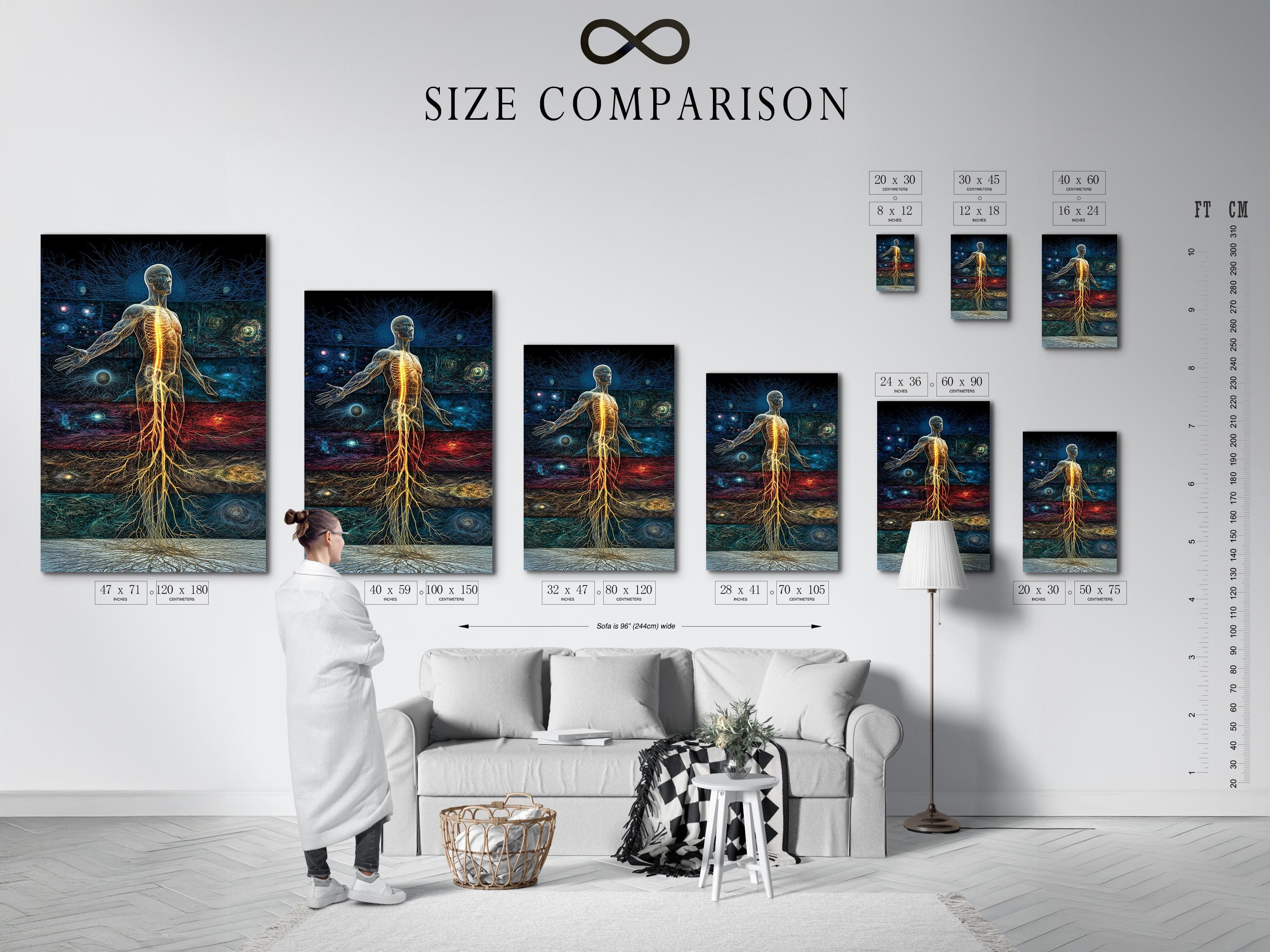 Woman standing beside a framed artwork showing a glowing energy human figure in blue, teal and red