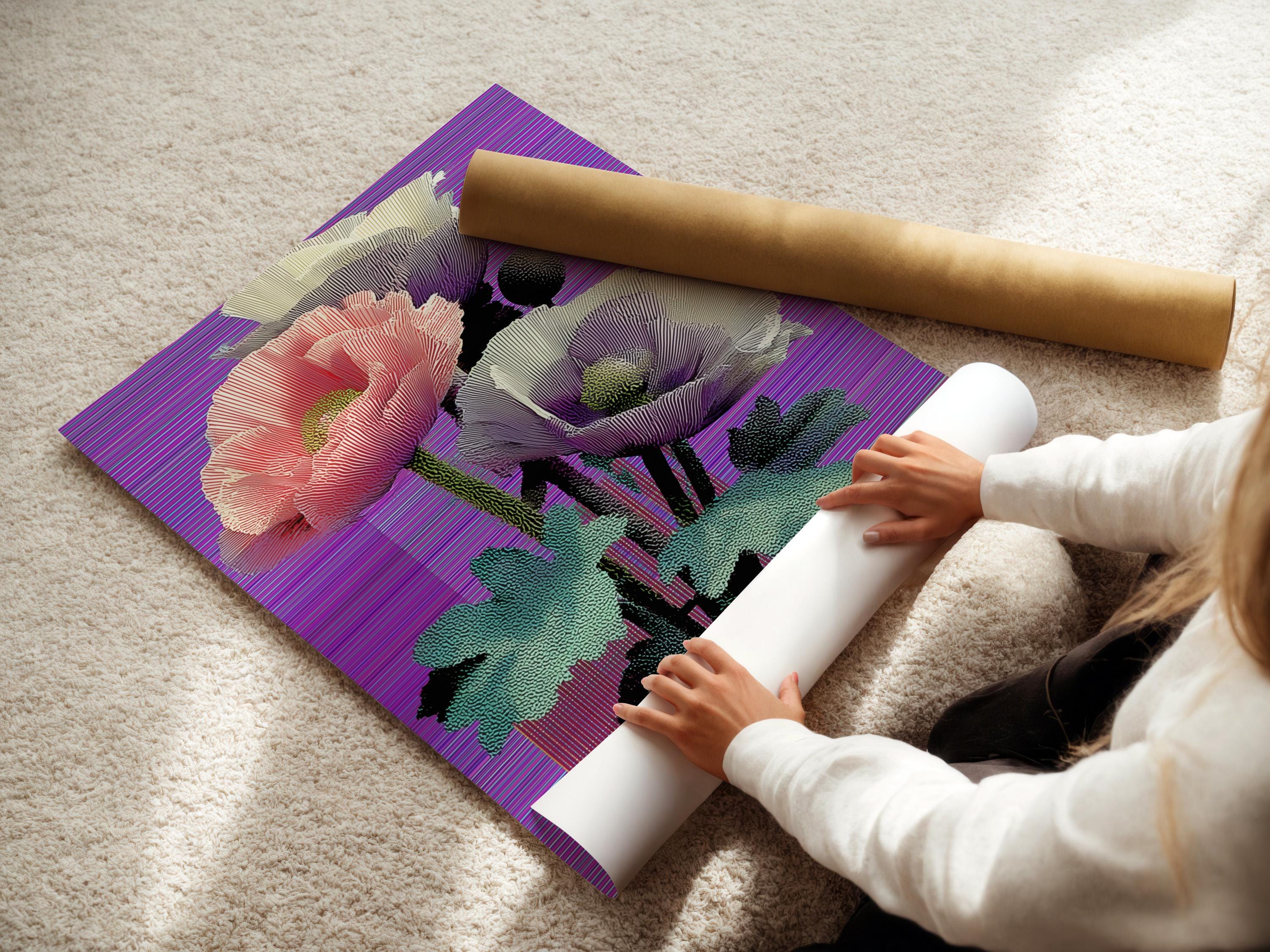 Retro glitch poppy flowers in pink, purple and teal with a striped vase and horizontal purple lines detail view