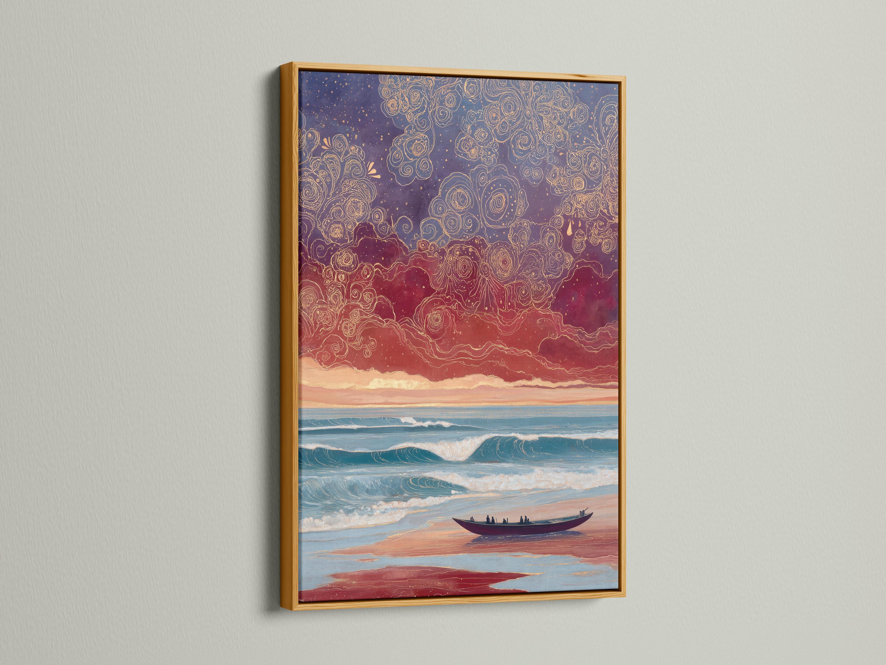 Stylised sunset seascape with teal waves, a sandy beach, a dark boat, and swirling gold rose linework in the purple sky detail view
