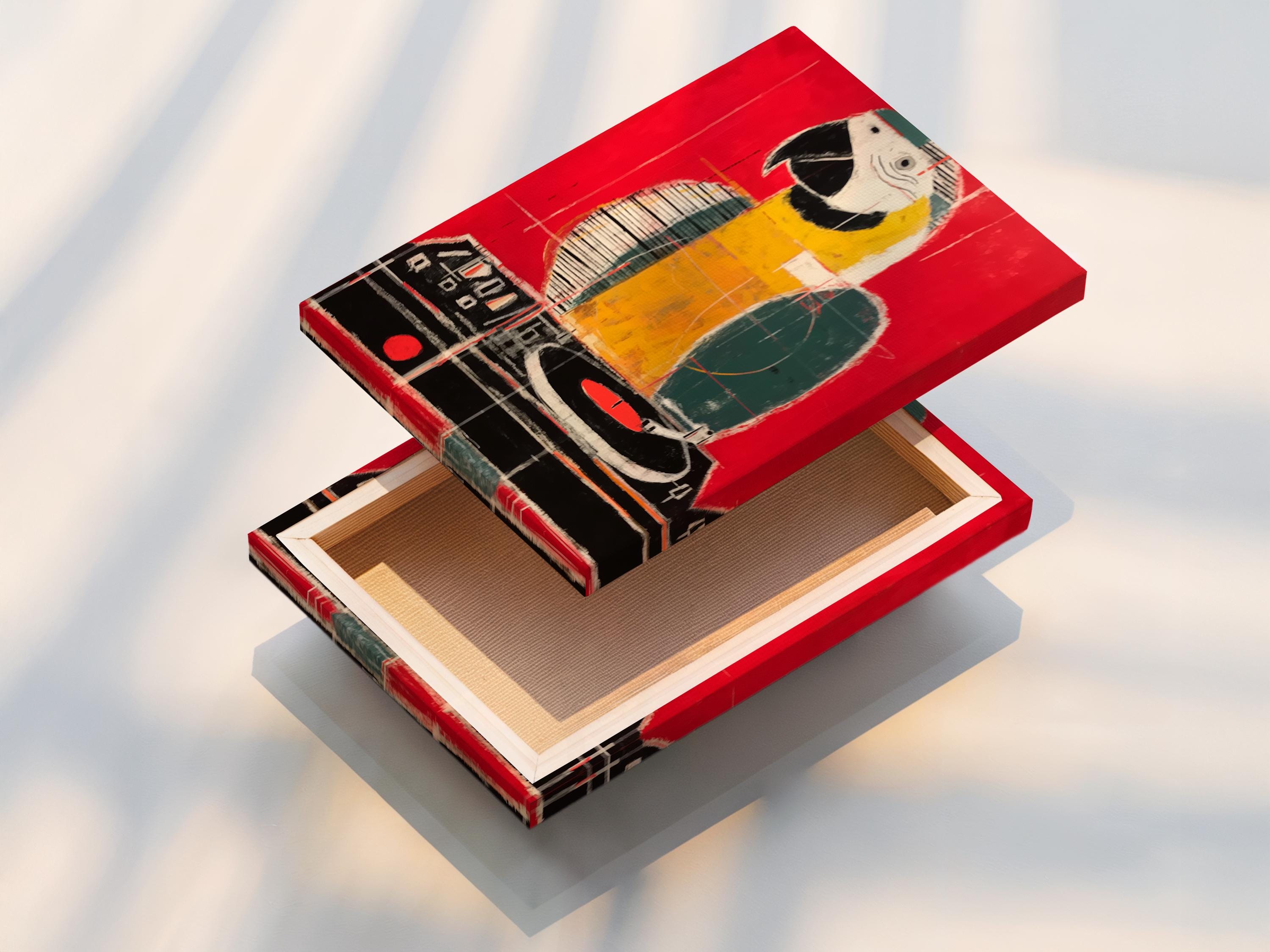 Stylised parrot-like bird artwork in red, yellow and black with painterly, grid-like lines detail view
