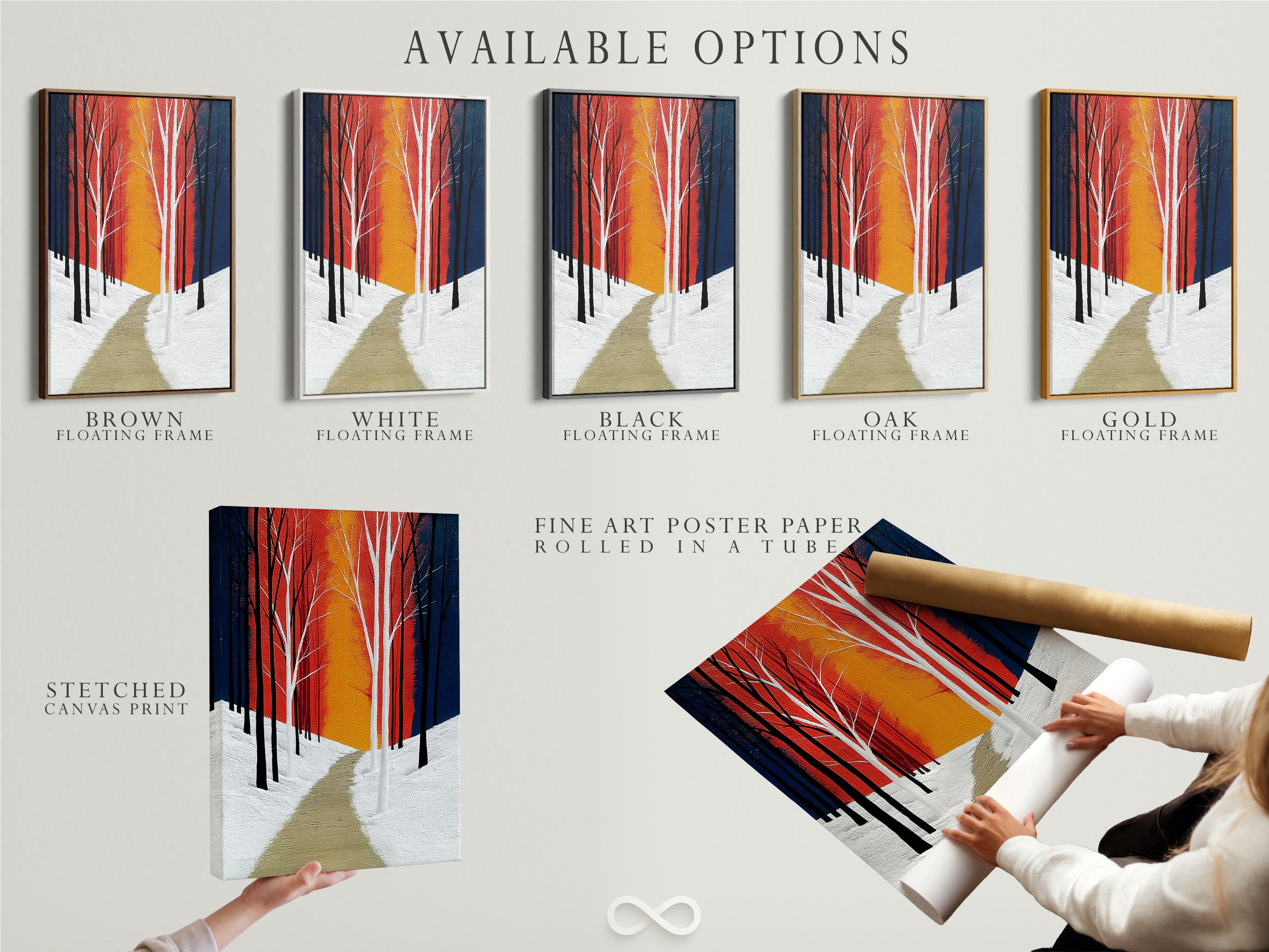 Winter forest artwork with tall leafless trees, a snowy path, and red blue gold sunset colours detail view