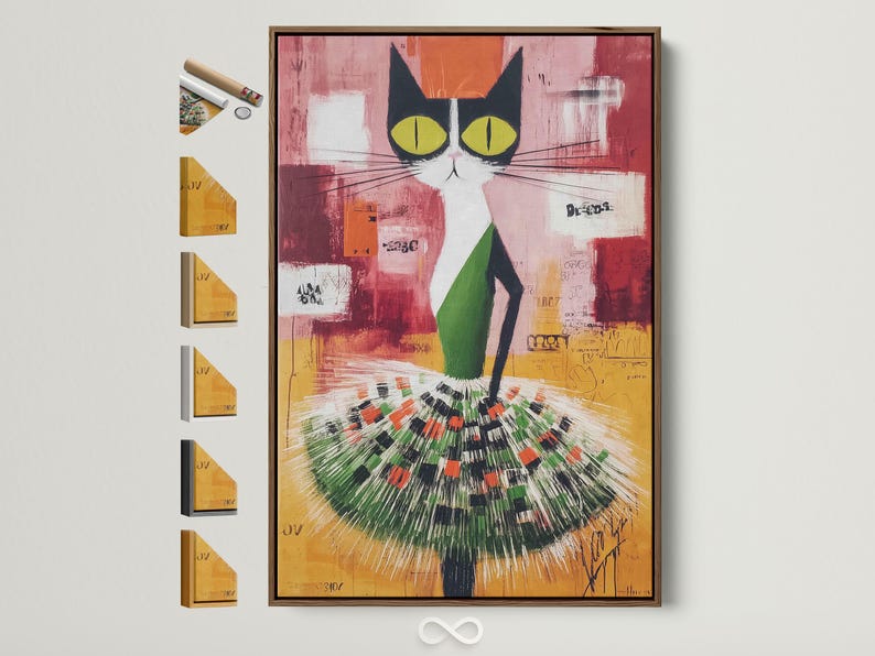 Stylised abstract cat portrait with large green eyes, whiskers, and a radial burst pattern