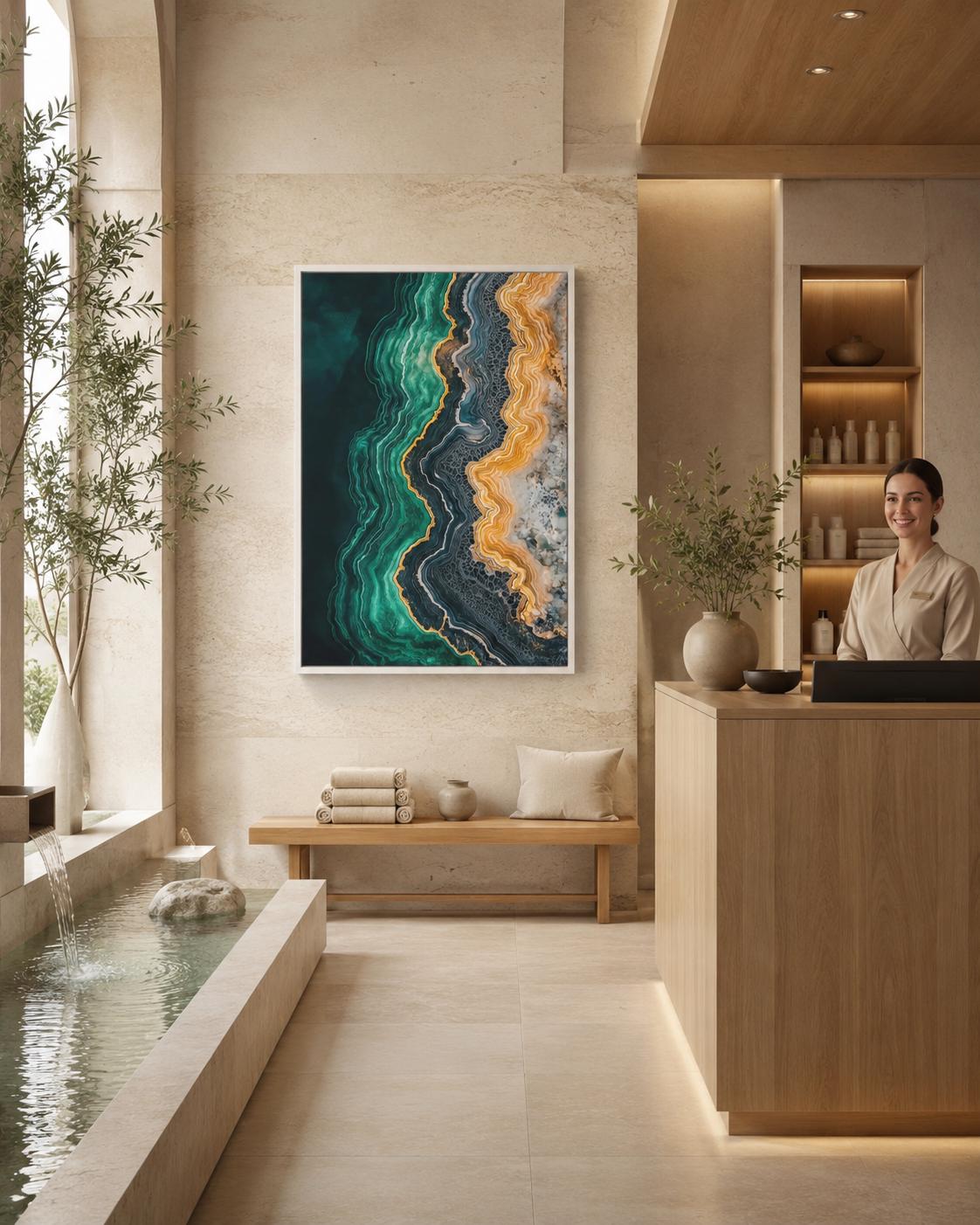 Office room mockup featuring a teal and gold abstract agate-style artwork on a wall