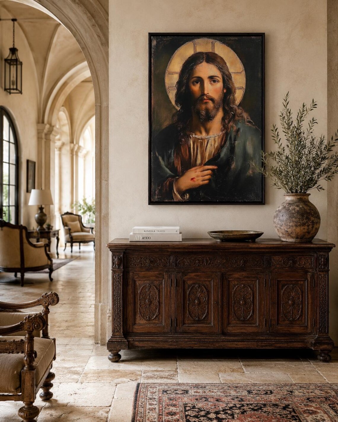 Jesus portrait with long dark hair and a glowing gold halo detail view