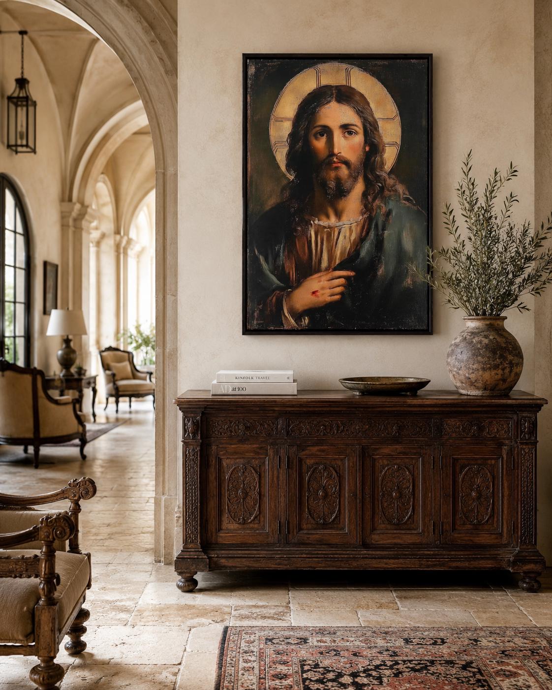 Jesus portrait with long dark hair and a glowing gold halo detail view