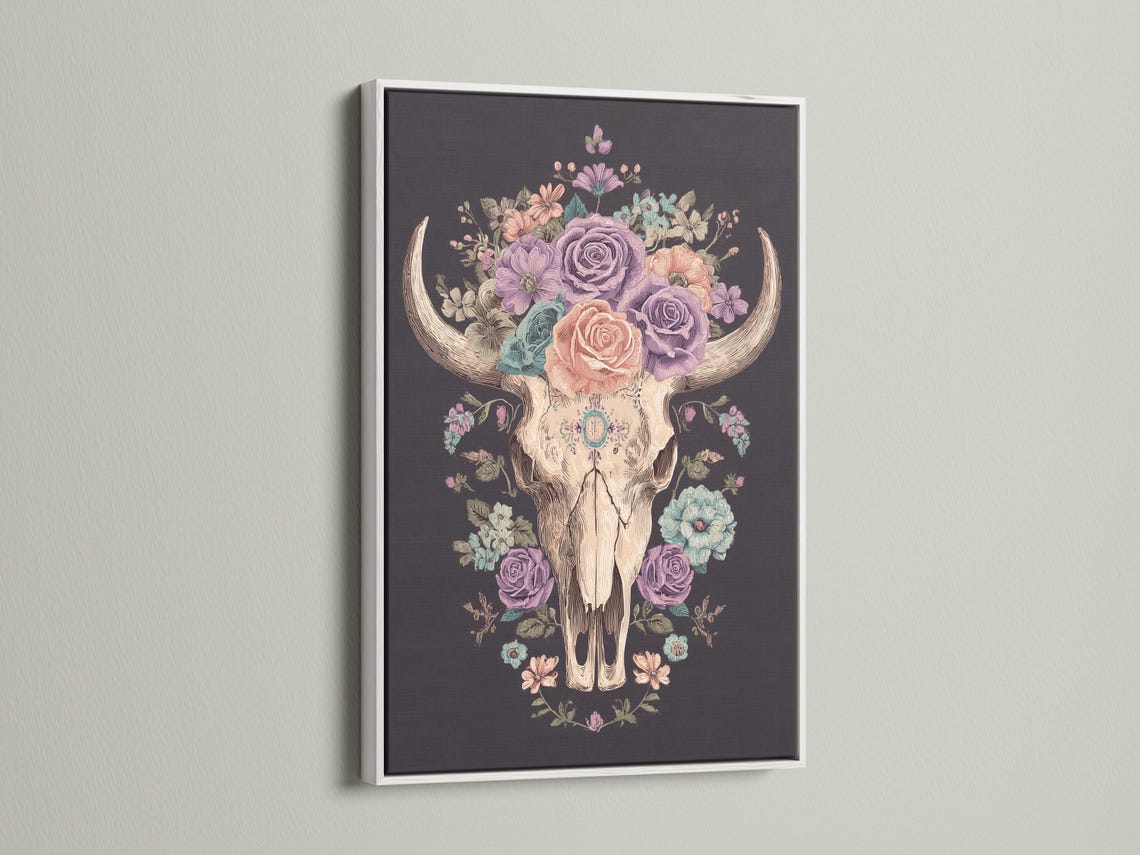 Pastel floral bull skull wall art with a rose crown and horns on a dark background detail view