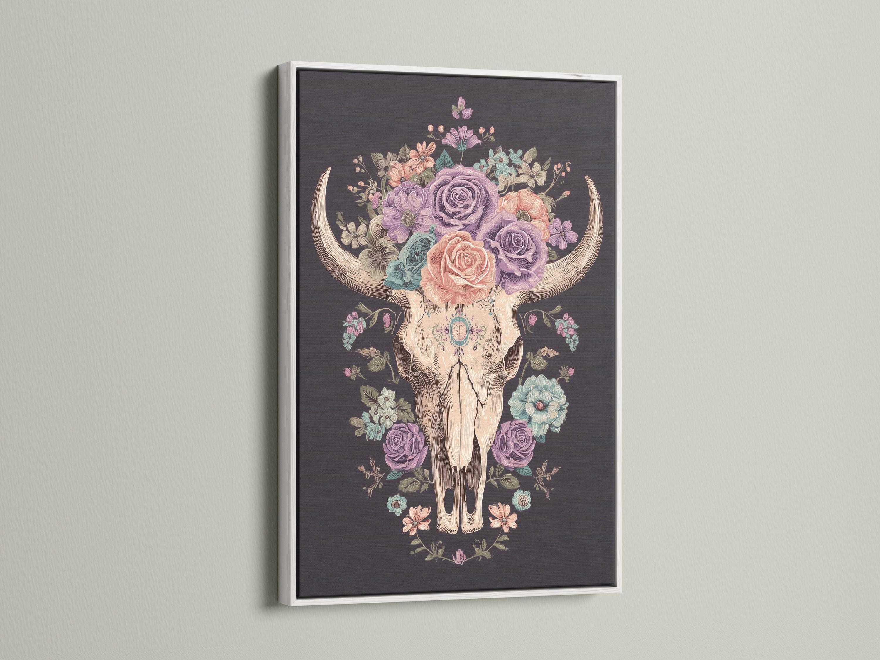 Pastel floral bull skull wall art with a rose crown and horns on a dark background detail view