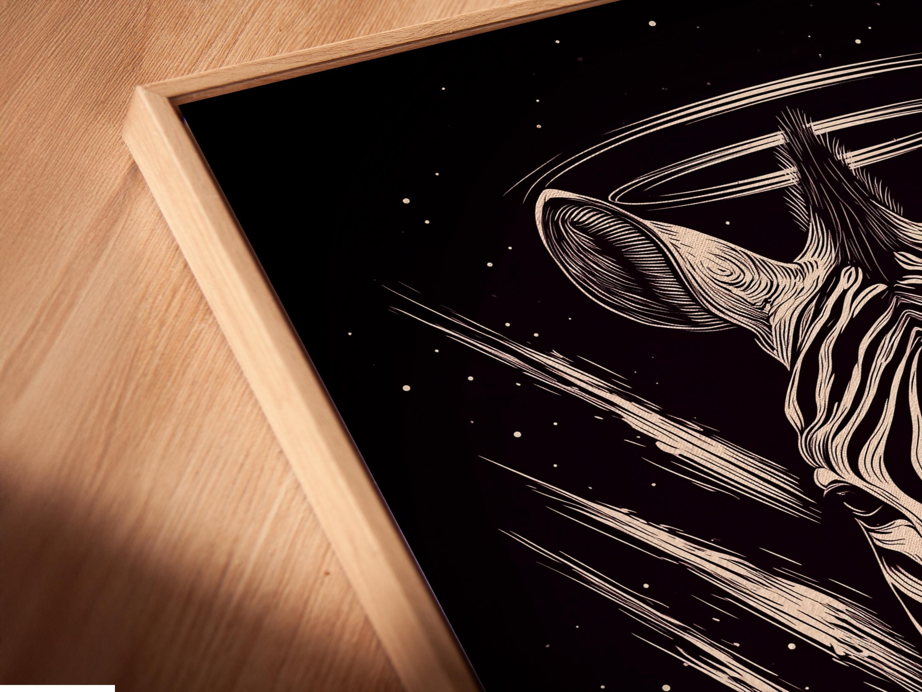 Stylised zebra head in off-white linework on a dark starry background with a halo ring and cross detail view
