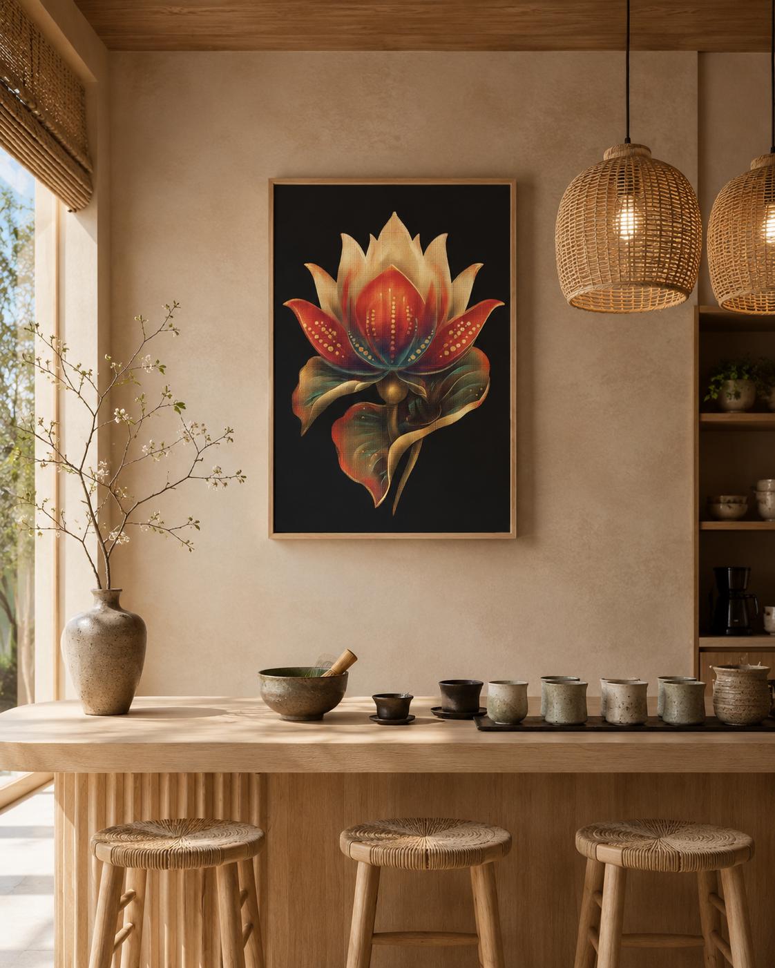 Person in a beige outfit standing beside a plant, with a lotus flower framed artwork above a wooden bench