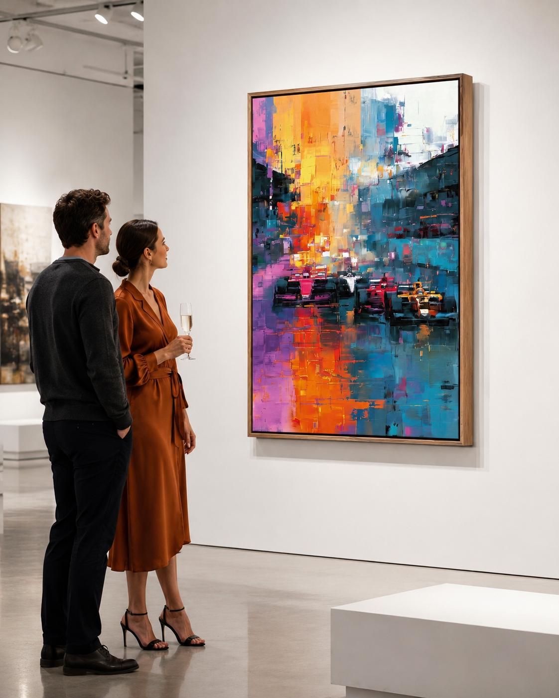 Room mockup with a large framed abstract cityscape artwork above a seating area