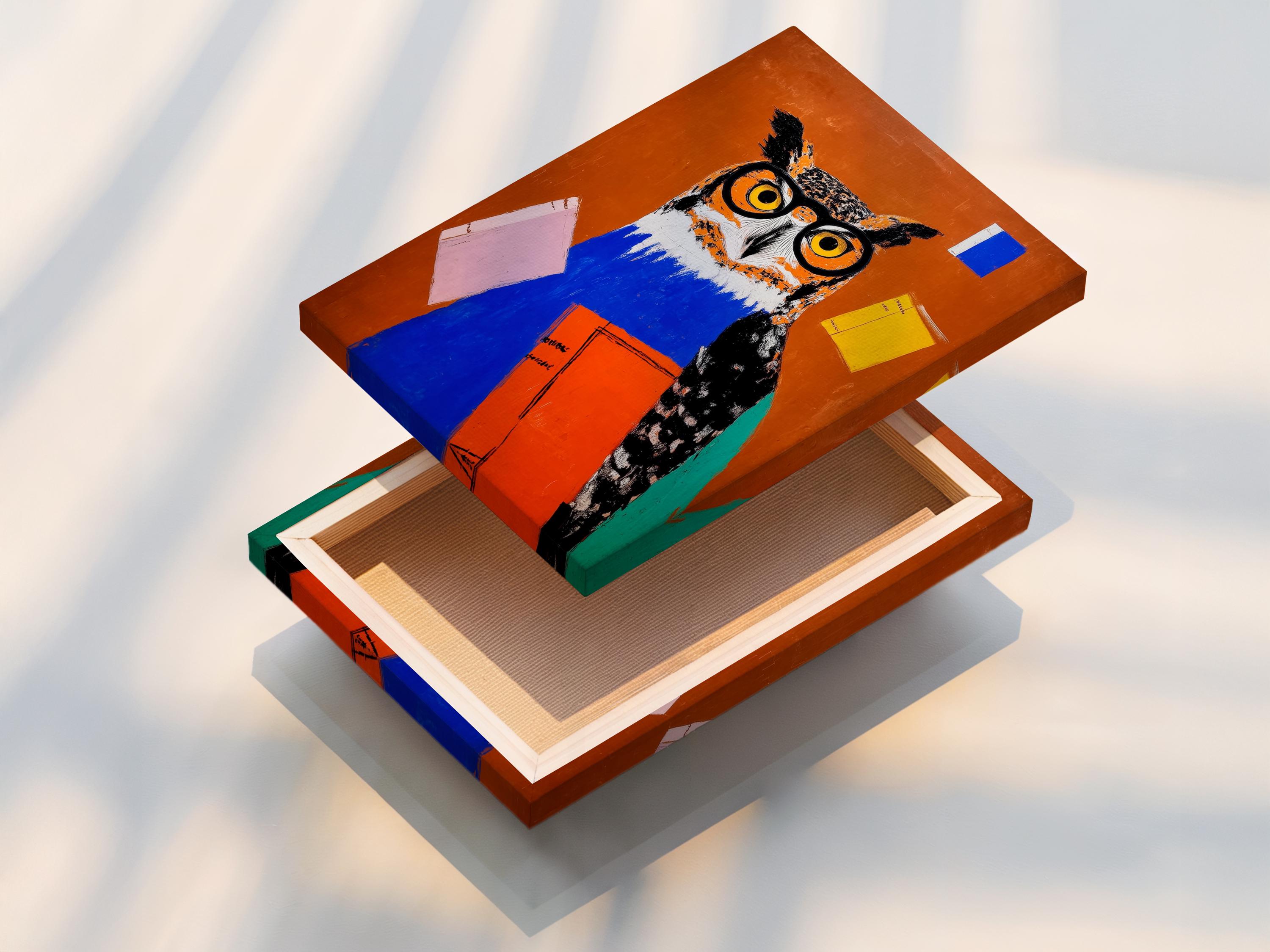 Stylised owl wearing large round glasses, holding colourful books on a warm orange background detail view